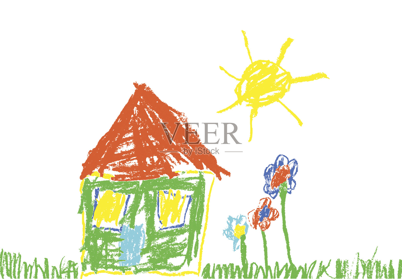 蜡笔像孩子的手画房子，草，五颜六色的花和太阳。插画图片素材