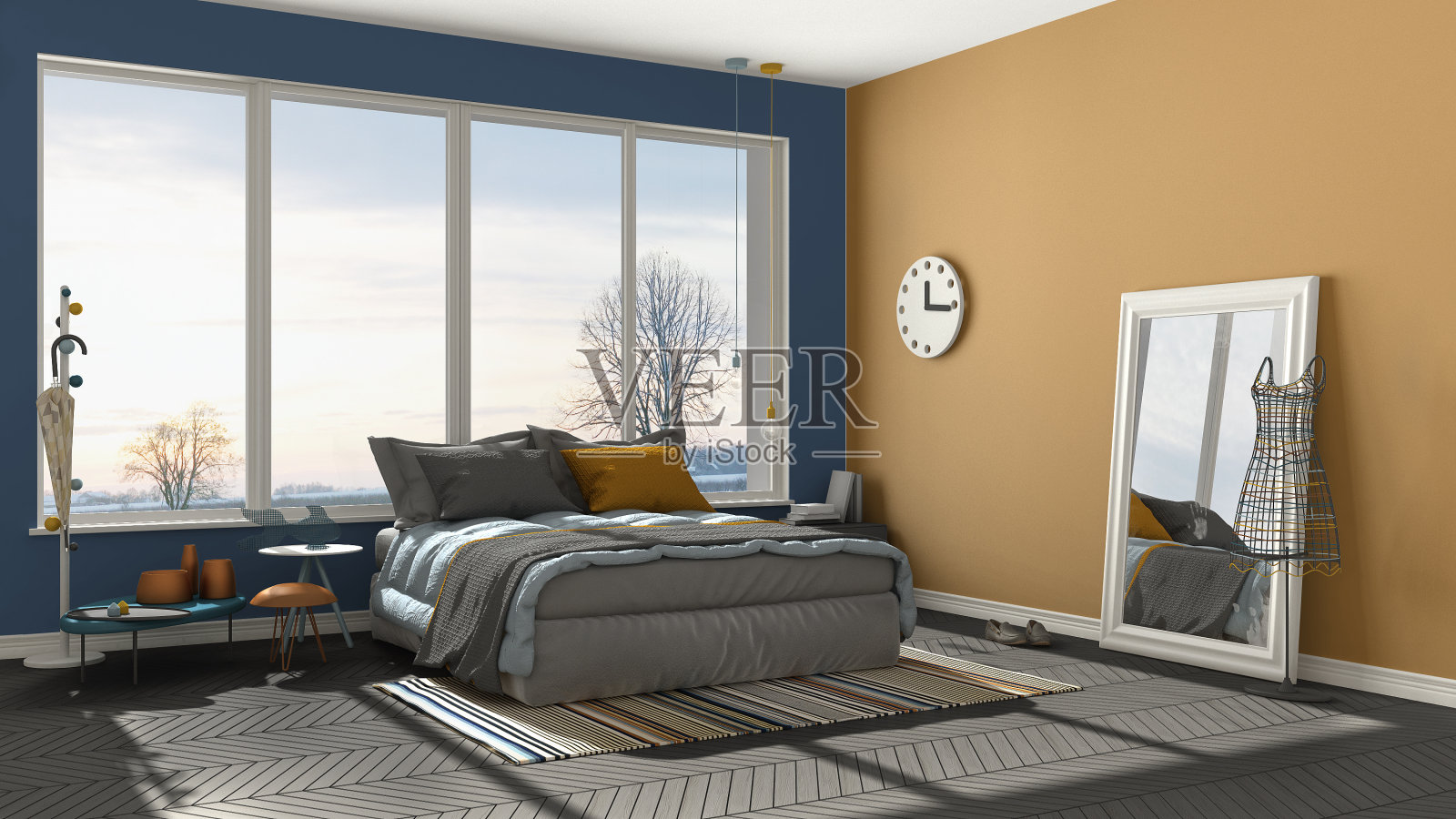 现代色彩的蓝色和橙色卧室与大的全景窗户，日落，日出，建筑极简的室内设计照片摄影图片