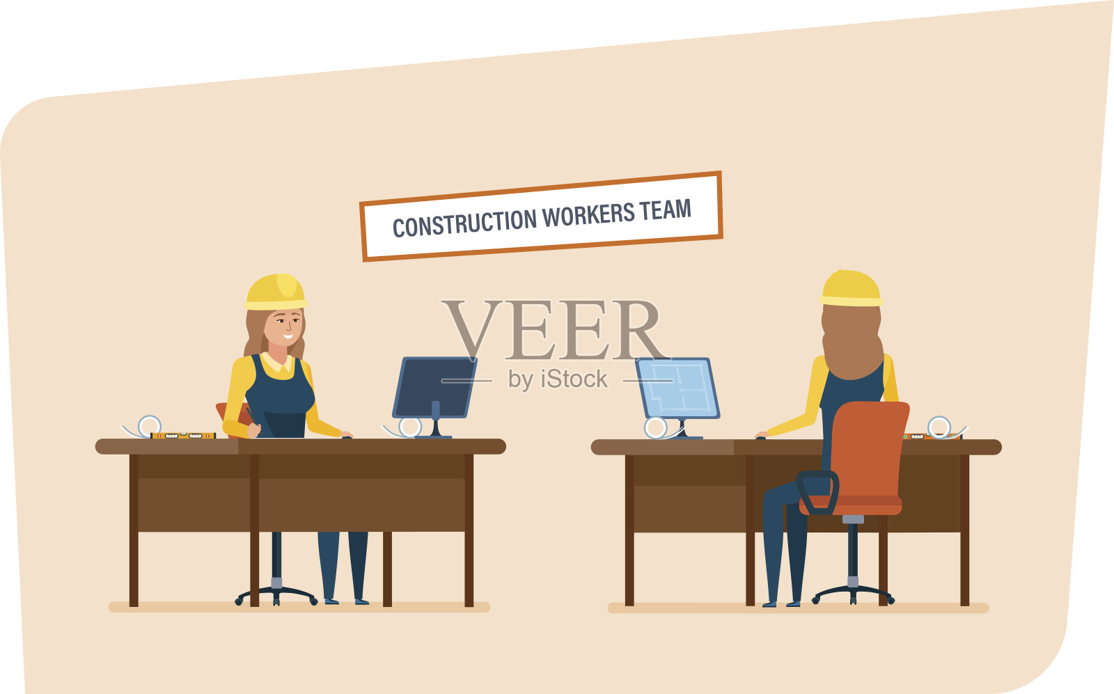 建筑工程师工人队伍。女性在办公室工作的性格插画图片素材