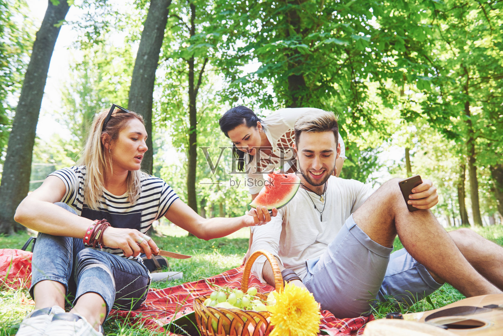 一群朋友在一个阳光明媚的日子里在公园野餐-人们在外面闲逛，在烧烤和放松的时候玩得很开心照片摄影图片