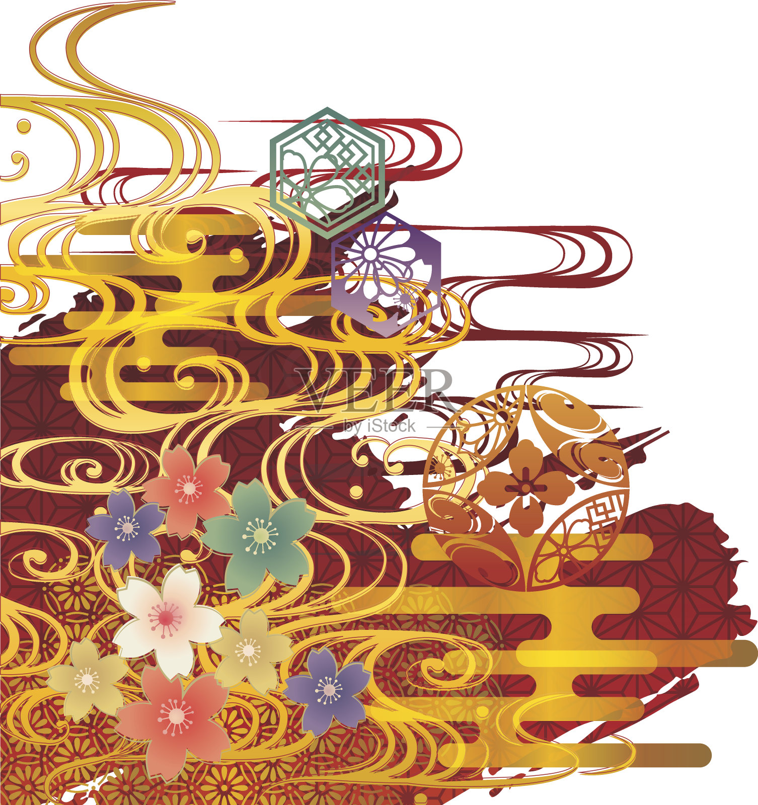 金色波浪和日本图案背景材料插画图片素材