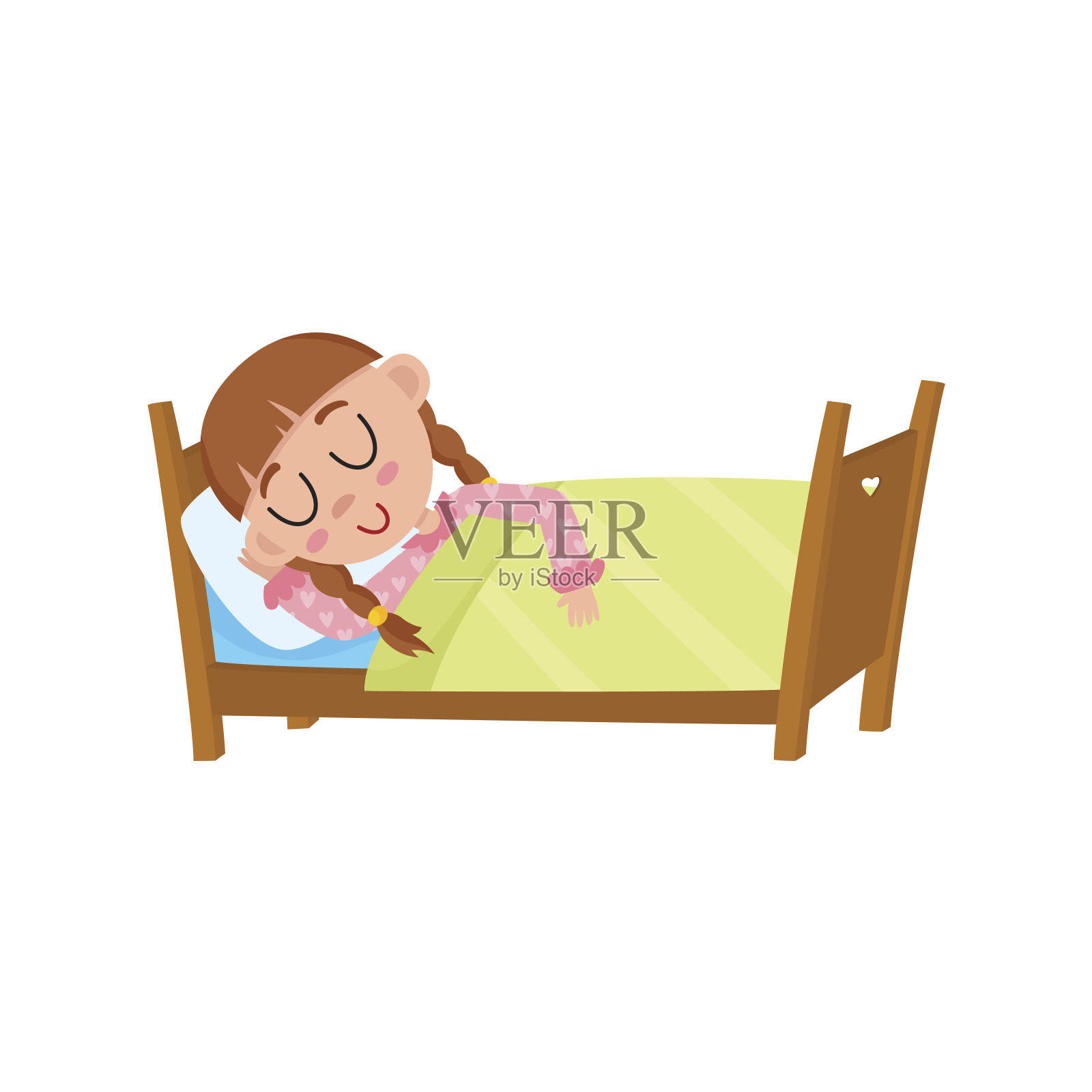 矢量扁平的女孩睡在她的床下的毯子插画图片素材
