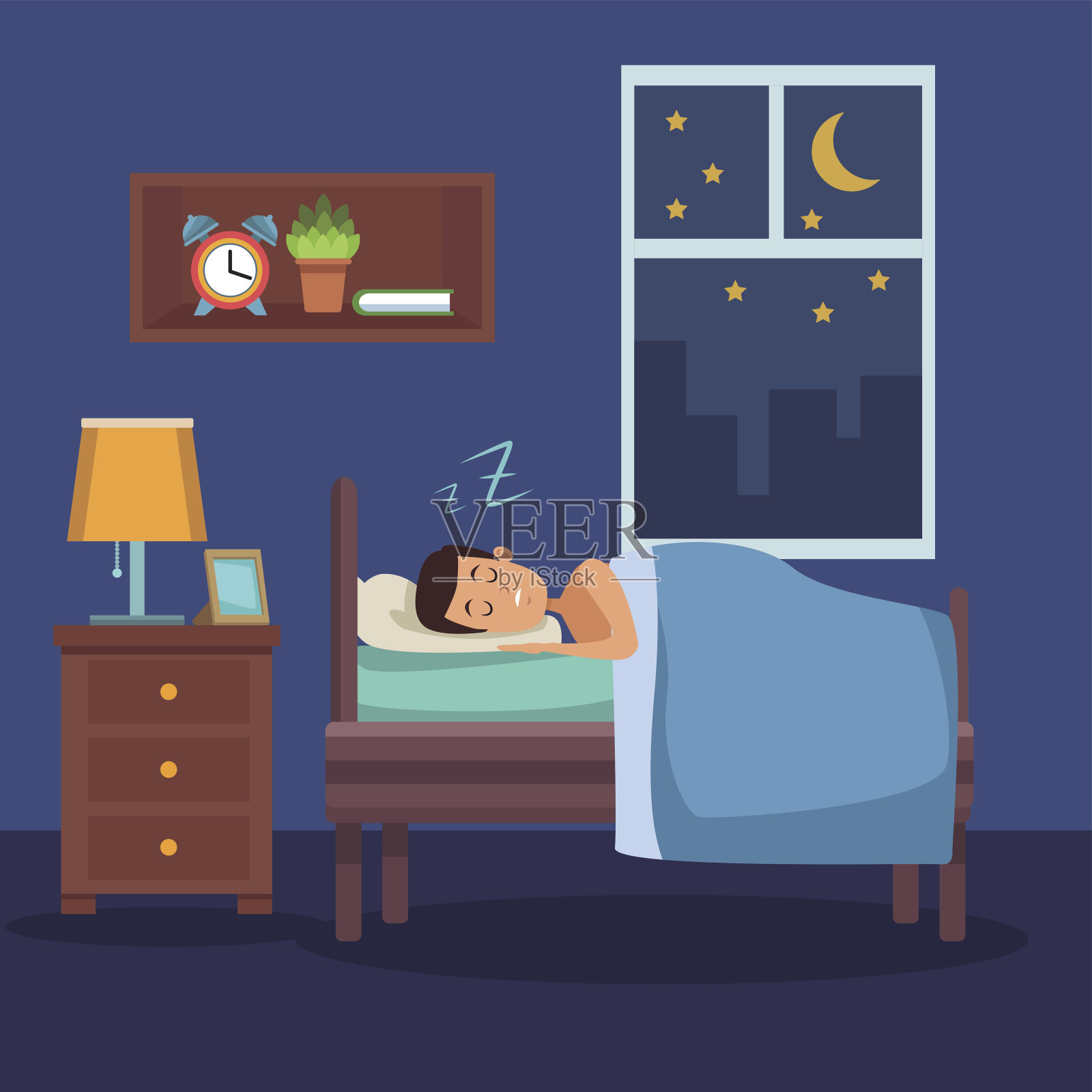 五颜六色的场景，男人睡在卧室的毯子插画图片素材