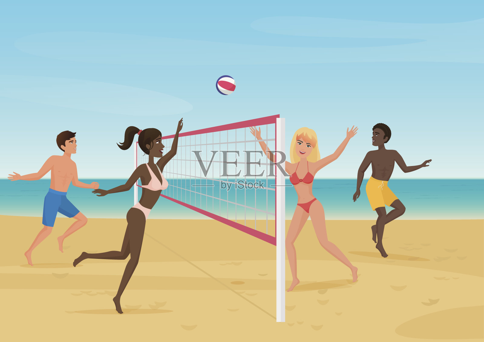 人们在沙滩上玩排球矢量插图。活跃的海滩运动。插画图片素材