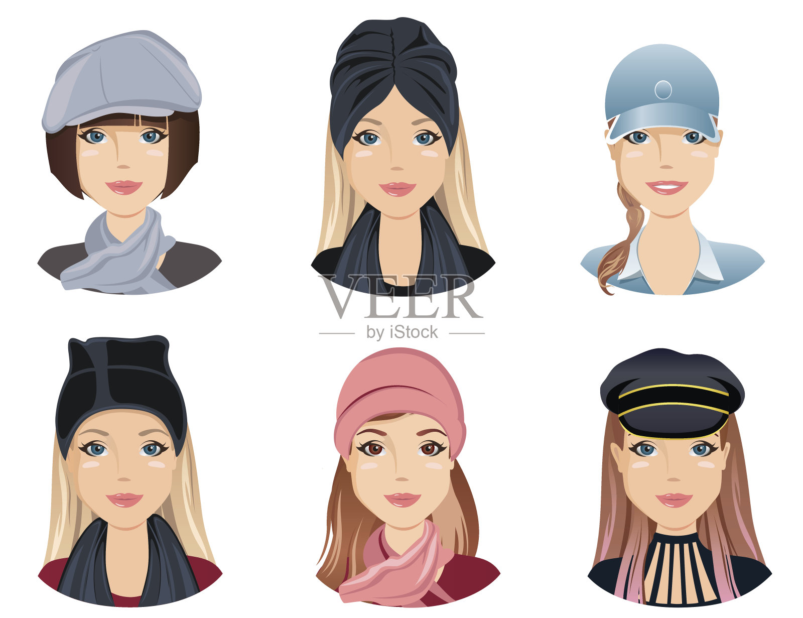 女性的发型与不同的时尚帽子。插画图片素材