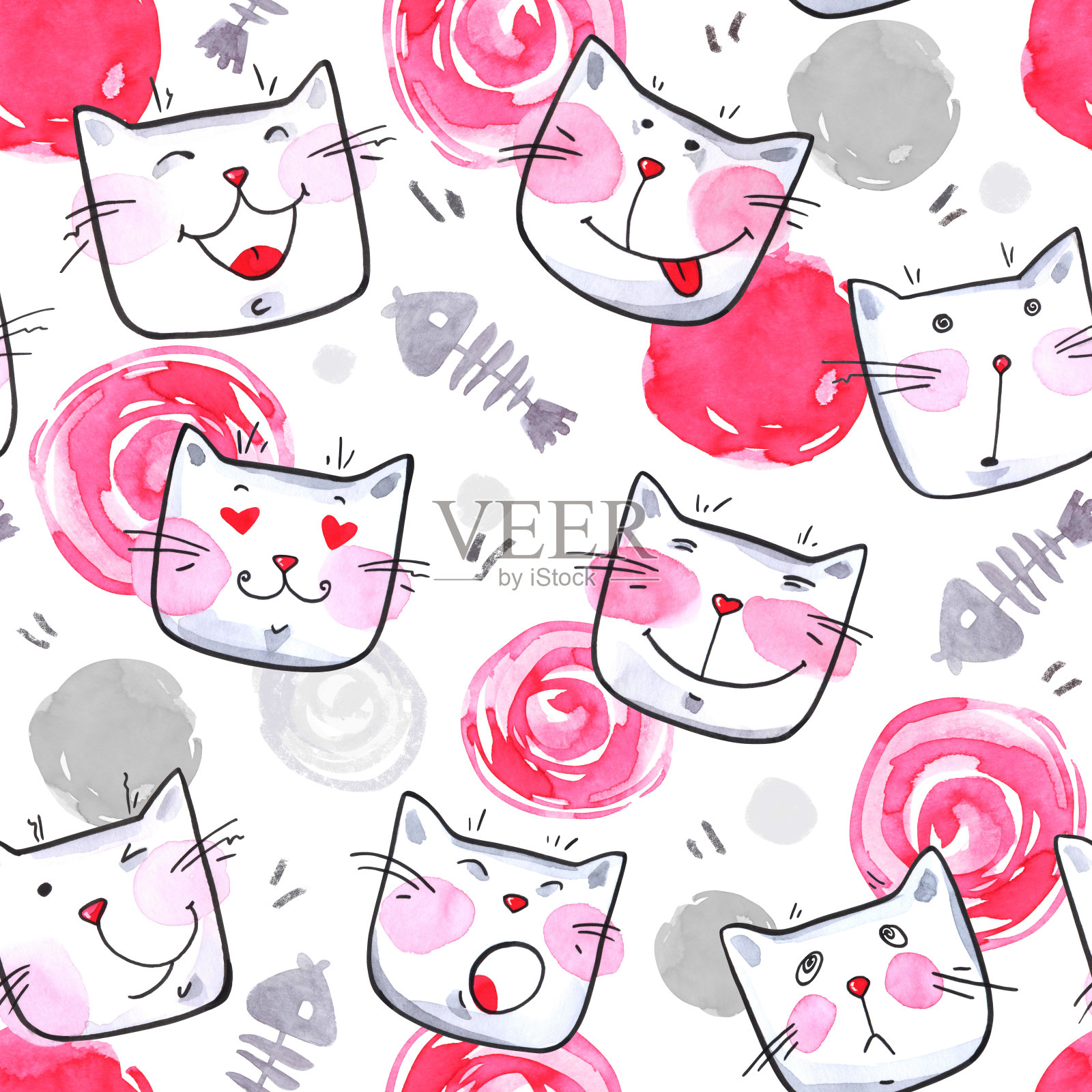 手绘无缝图案与可爱的小猫。水彩明亮的卡通猫在白色的背景。可爱的纹理插画图片素材