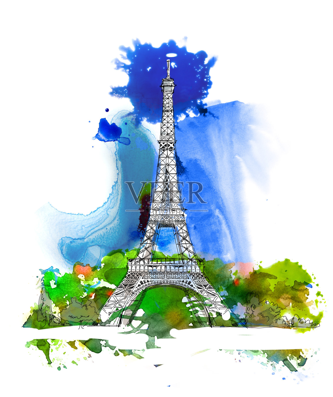 巴黎埃菲尔铁塔速写，色彩丰富的水彩速写插画图片素材