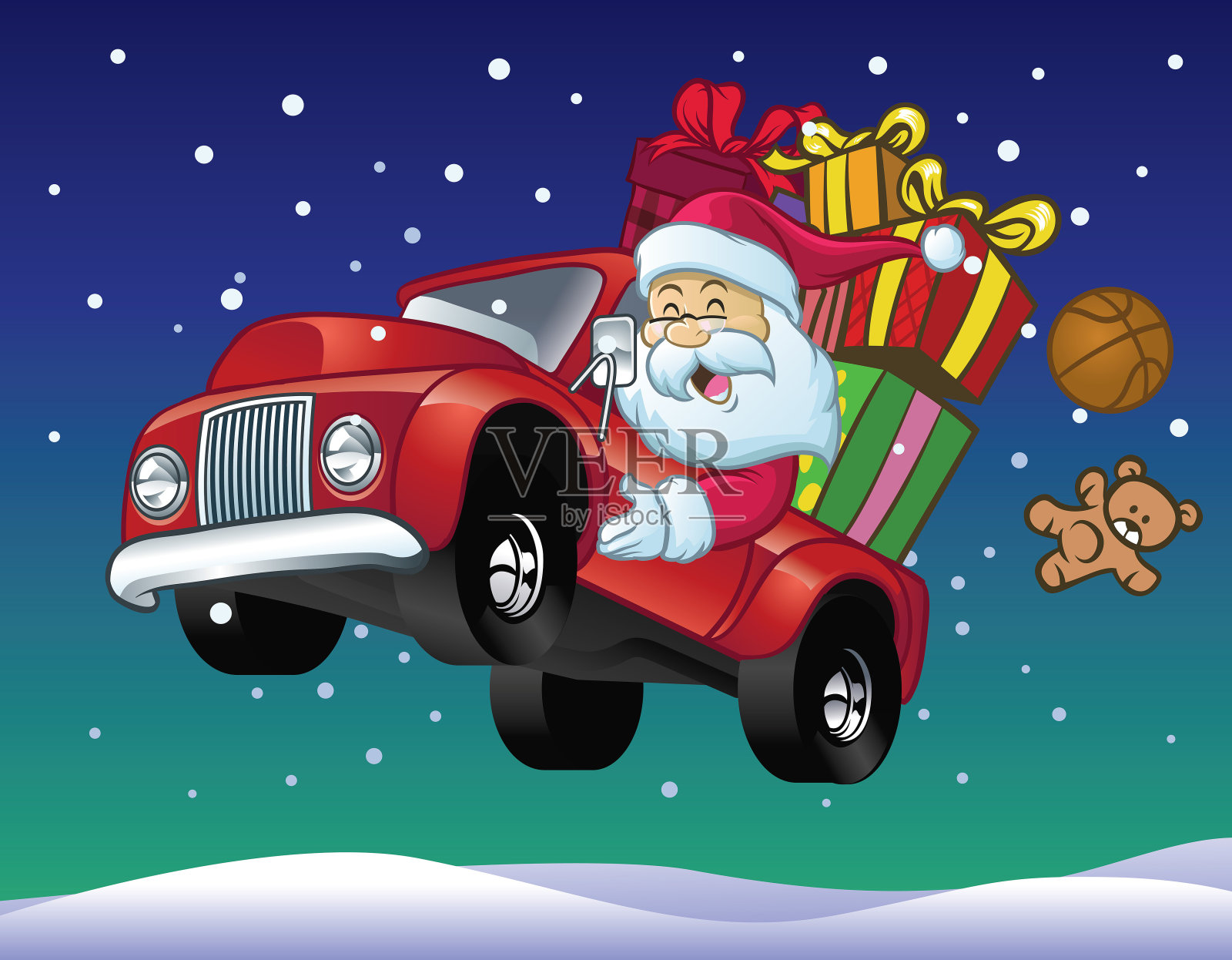 圣诞老人开着一辆装满圣诞礼物的卡车插画图片素材