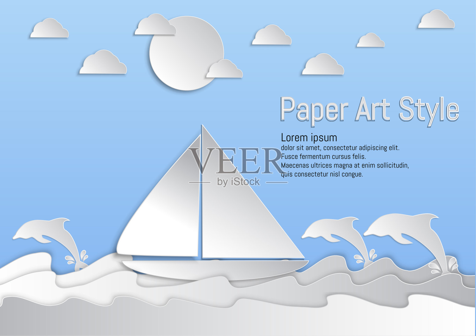 纸艺术风格。海浪与帆船和海豚。矢量图插画图片素材