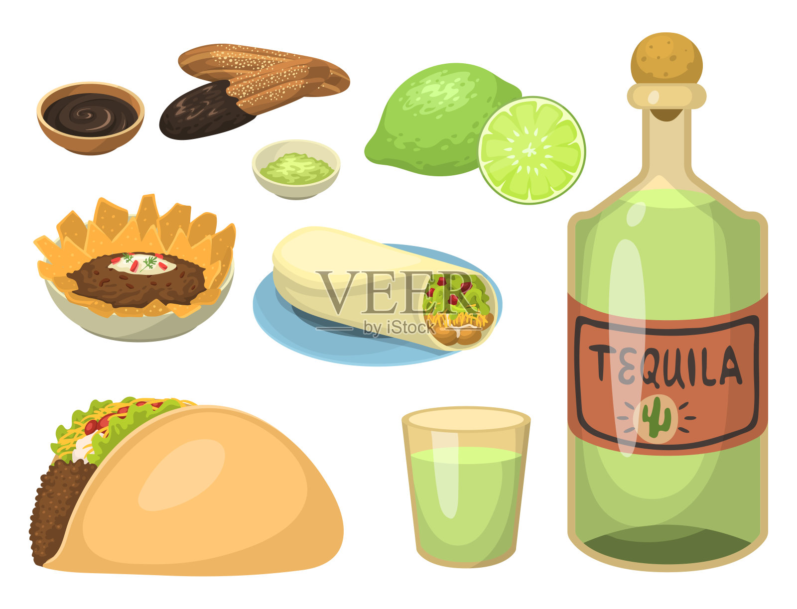 墨西哥传统食物餐盘孤立午餐酱墨西哥菜矢量插图插画图片素材
