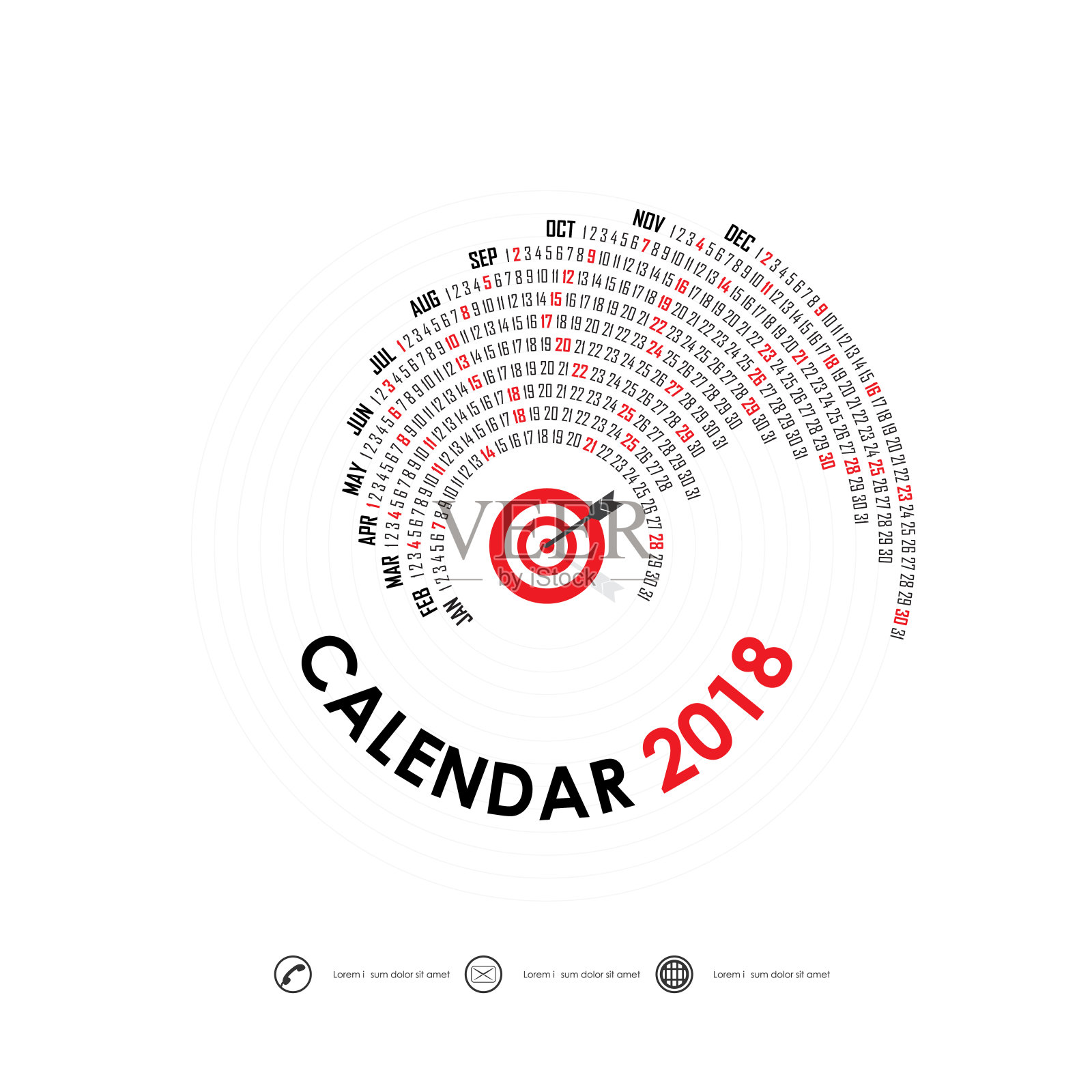 2018年日历模板。螺旋日历。日历2018套12个月。矢量设计文具模板。星期从星期一开始。设计模板素材