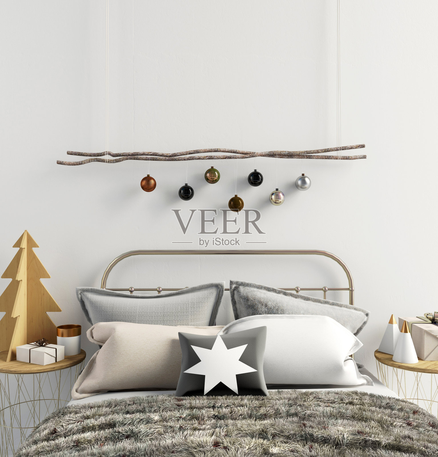 现代圣诞室内卧室，斯堪的纳维亚风格。3 d演示。海报模型照片摄影图片