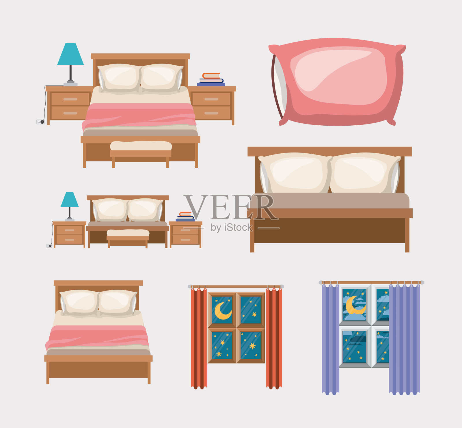 色彩背景与卧室和家居元素插画图片素材