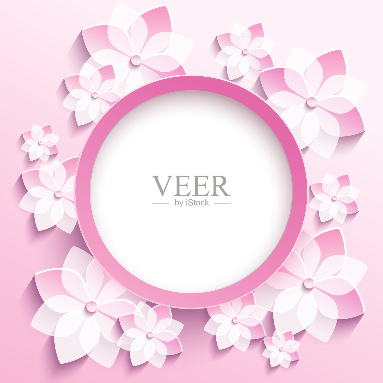 圆形框架与3d粉红色樱花，贺卡插画图片素材