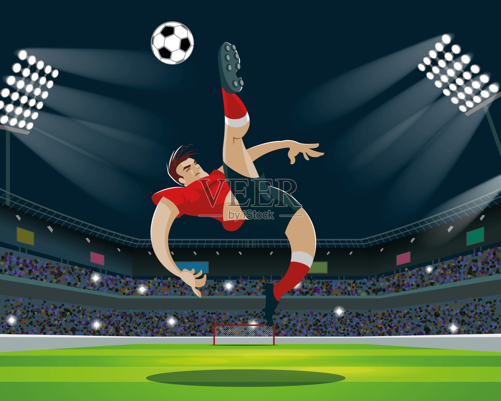 足球运动员在体育场踢球。光、站、粉丝。插画图片素材