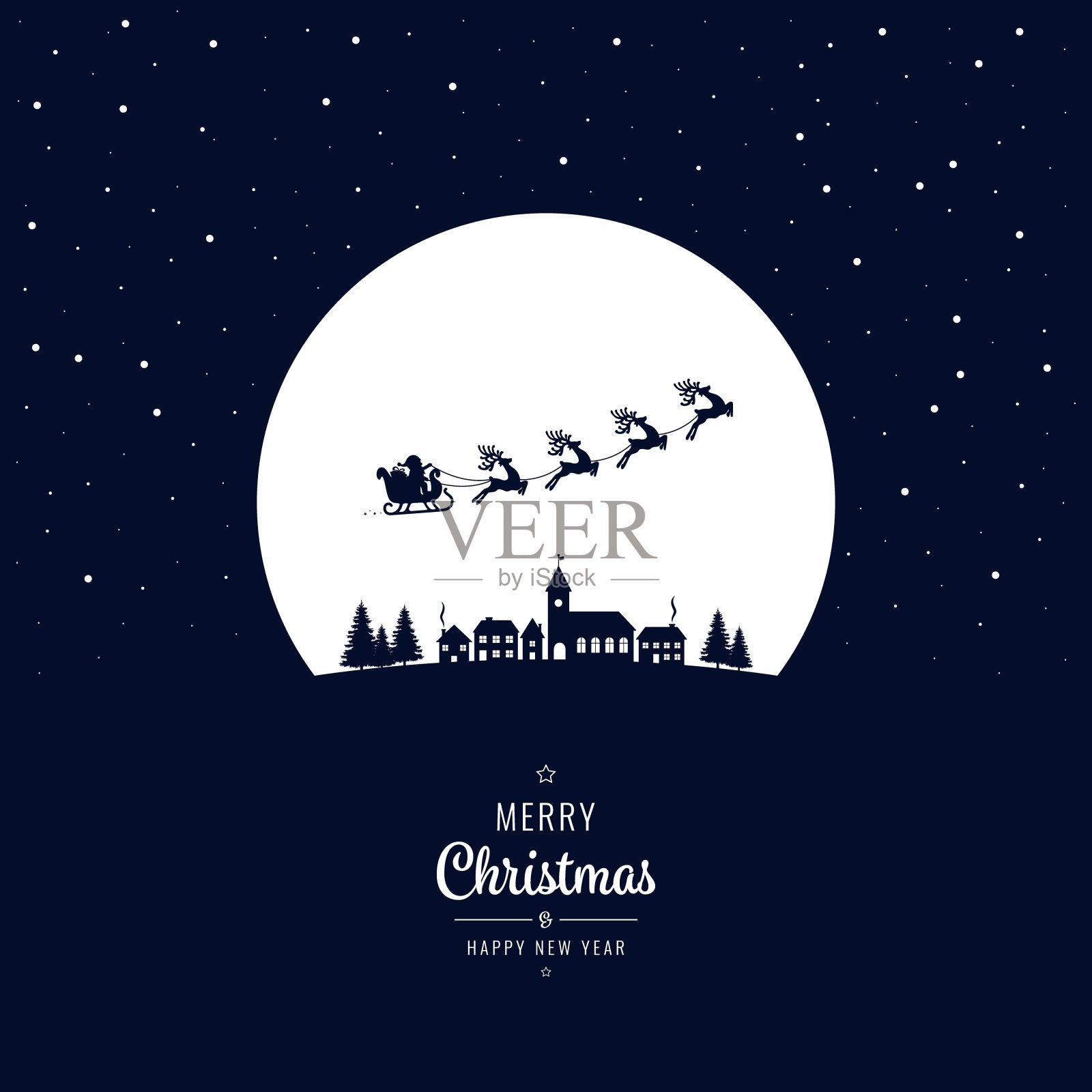 圣诞夜圣诞老人的雪橇飞入冬村插画图片素材
