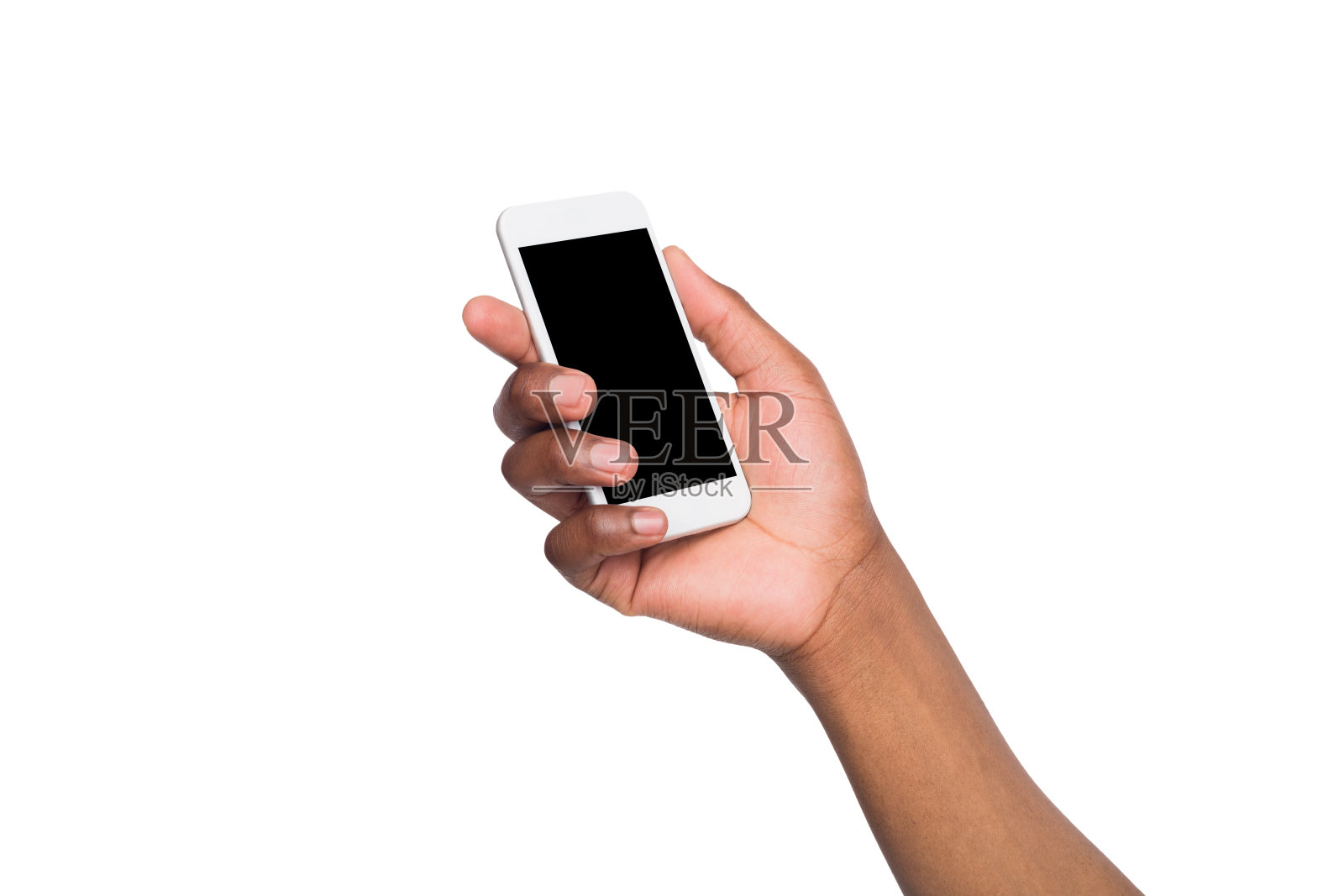 黑色的手拿着智能手机在孤立的白色背景照片摄影图片