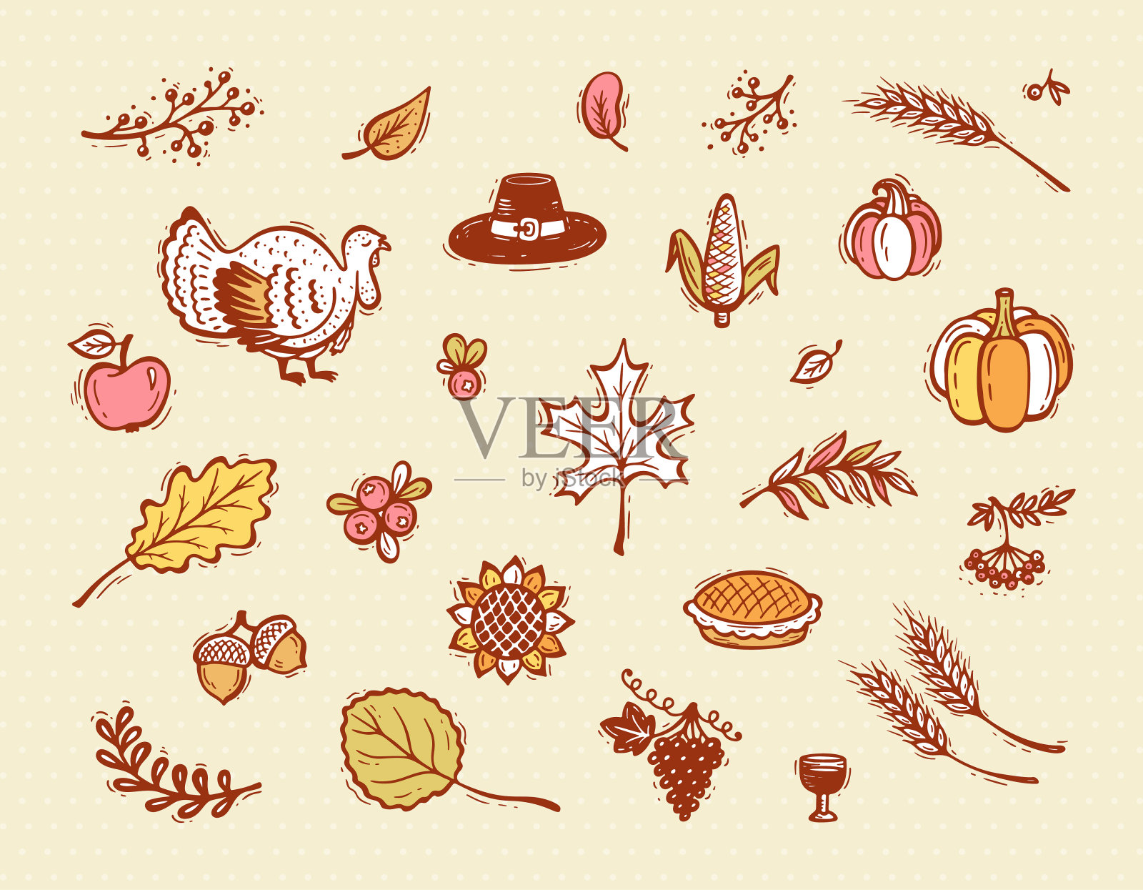 矢量感恩节图标设置。秋天丰收的象征。秋天收集。手绘涂鸦火鸡鸟，浆果，水果，蔬菜，叶子，小麦的耳朵，感恩节帽子和南瓜派。插画图片素材