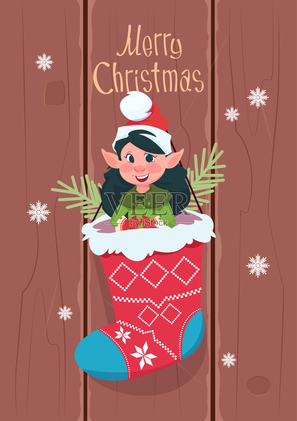 圣诞快乐和新年贺卡与精灵挂在现在袜子冬季假日横幅概念设计元素图片