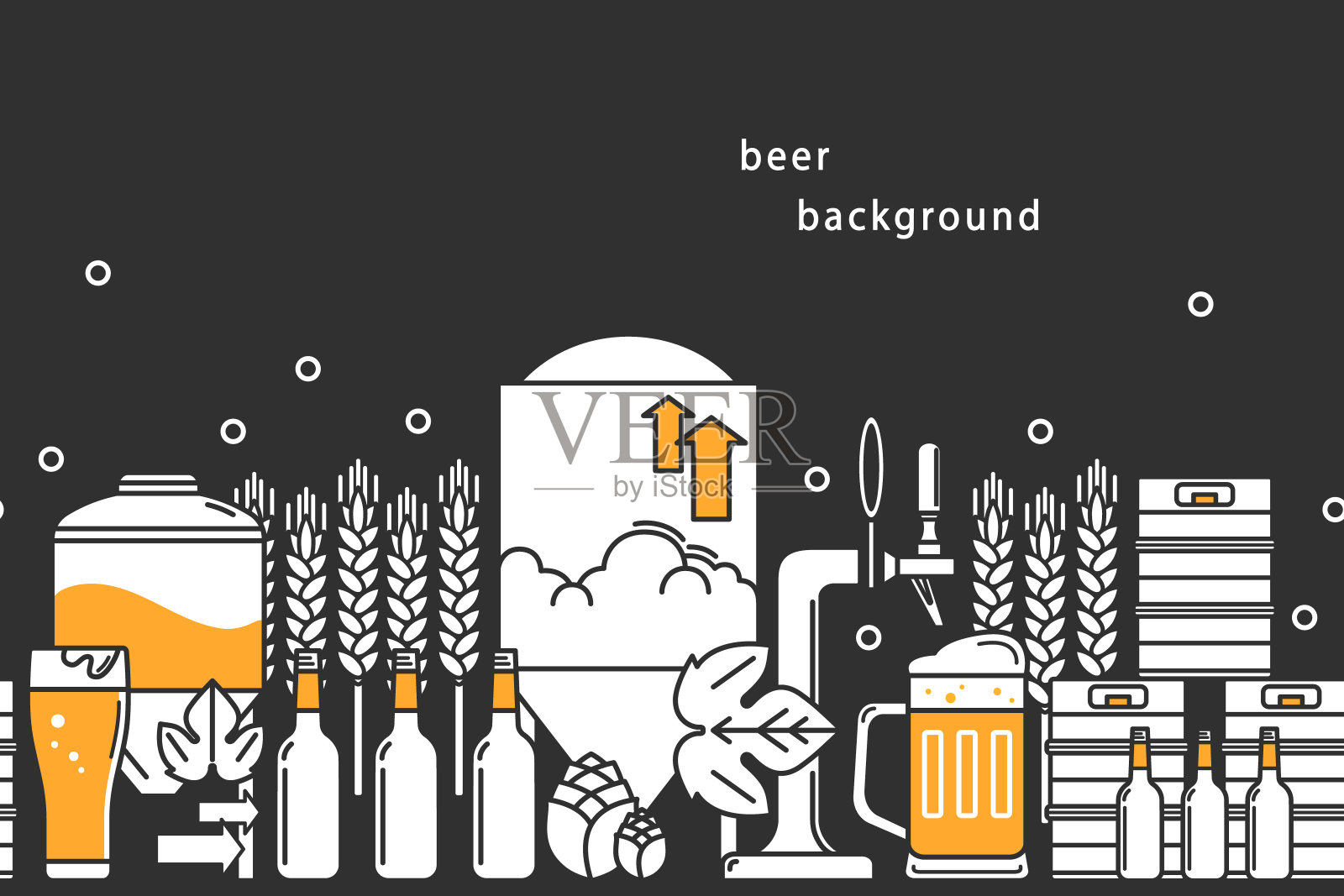 啤酒。向量的背景。瓶子，酒桶，玻璃，马克杯，啤酒厂设备，啤酒花，小麦。线条图标在黑暗的背景上。插画图片素材