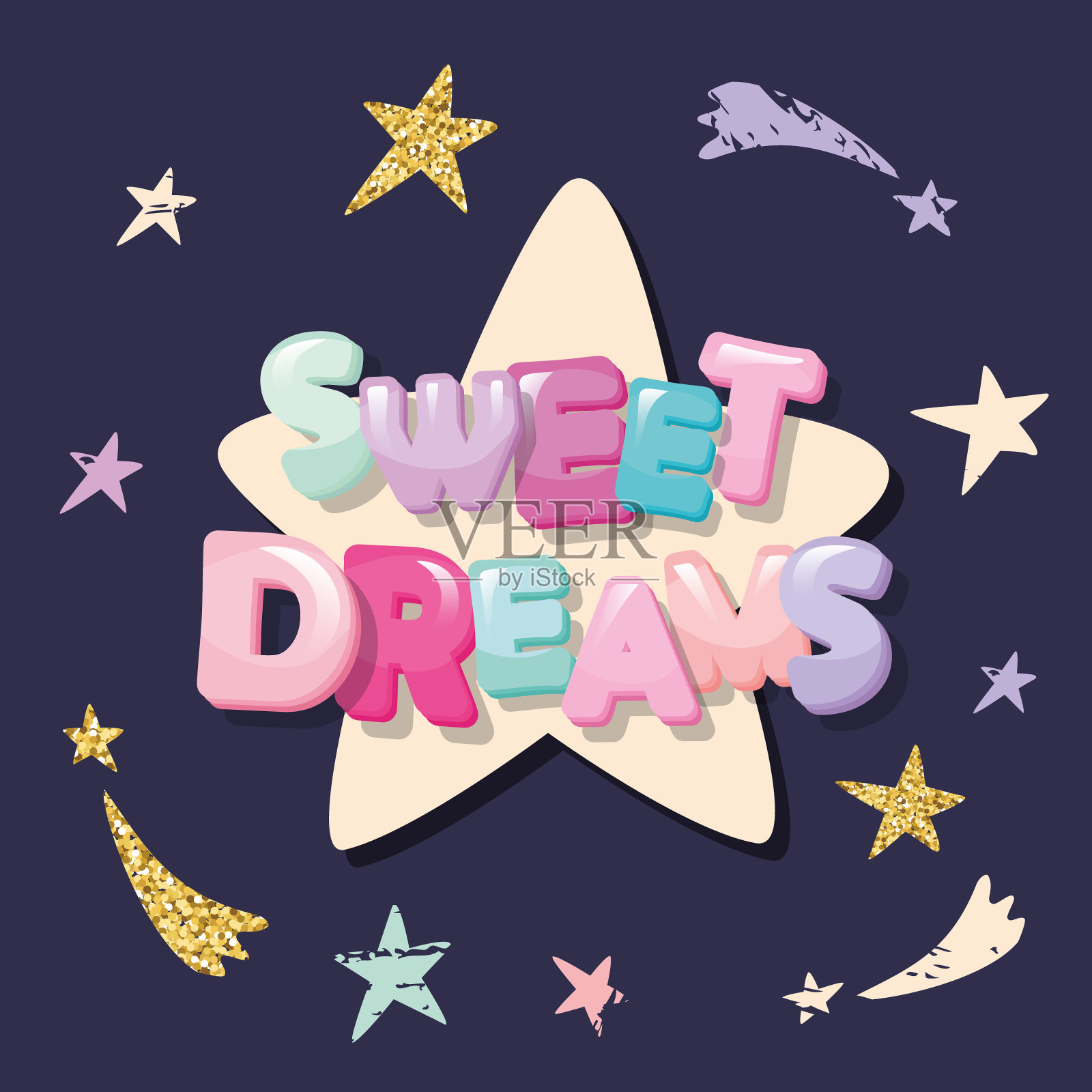 甜美的梦可爱的设计睡衣，睡衣，t恤。黑色背景上的卡通字母和星星。插画图片素材