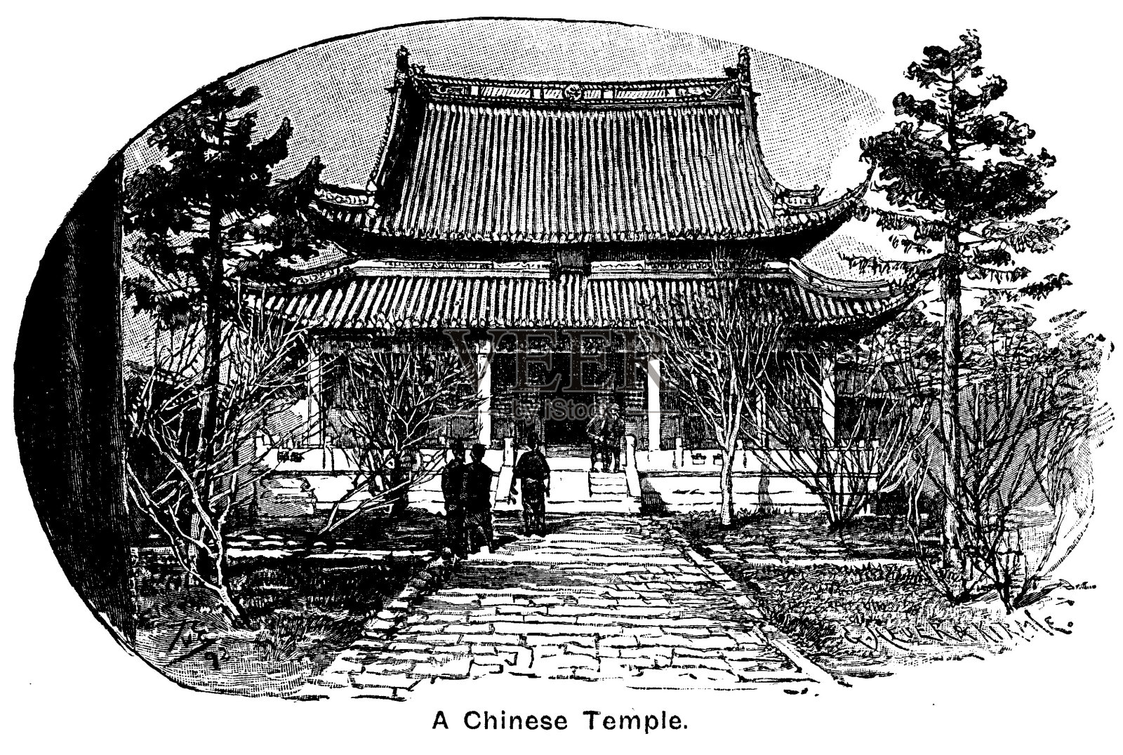 19世纪的文章插图描绘了一个中国寺庙和花园在椭圆形框架与标题;1893插画图片素材