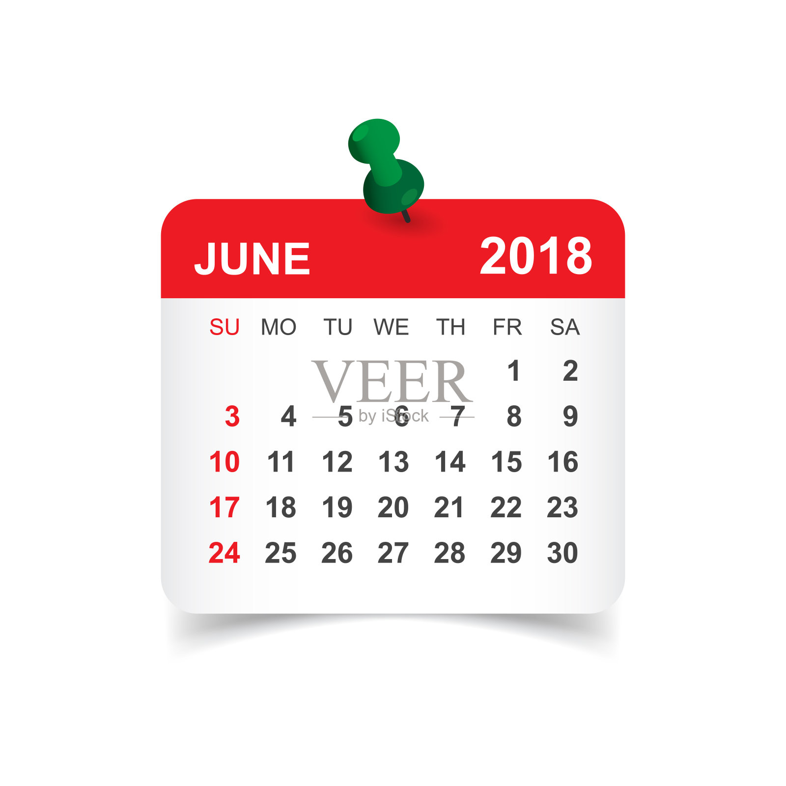 2018年6月日历。日历贴纸设计模板。一周从周日开始。业务矢量插图。设计模板素材