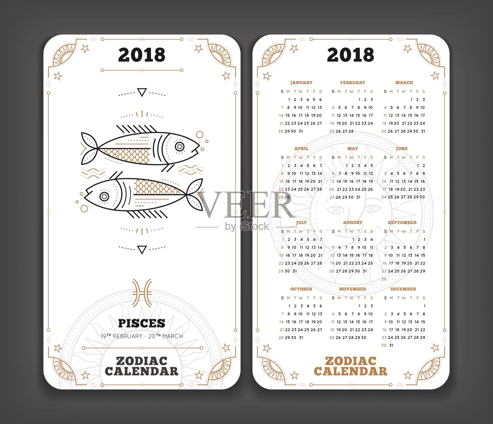 双鱼座2018年生肖日历口袋大小垂直布局双面白色设计风格矢量概念插图插画图片素材