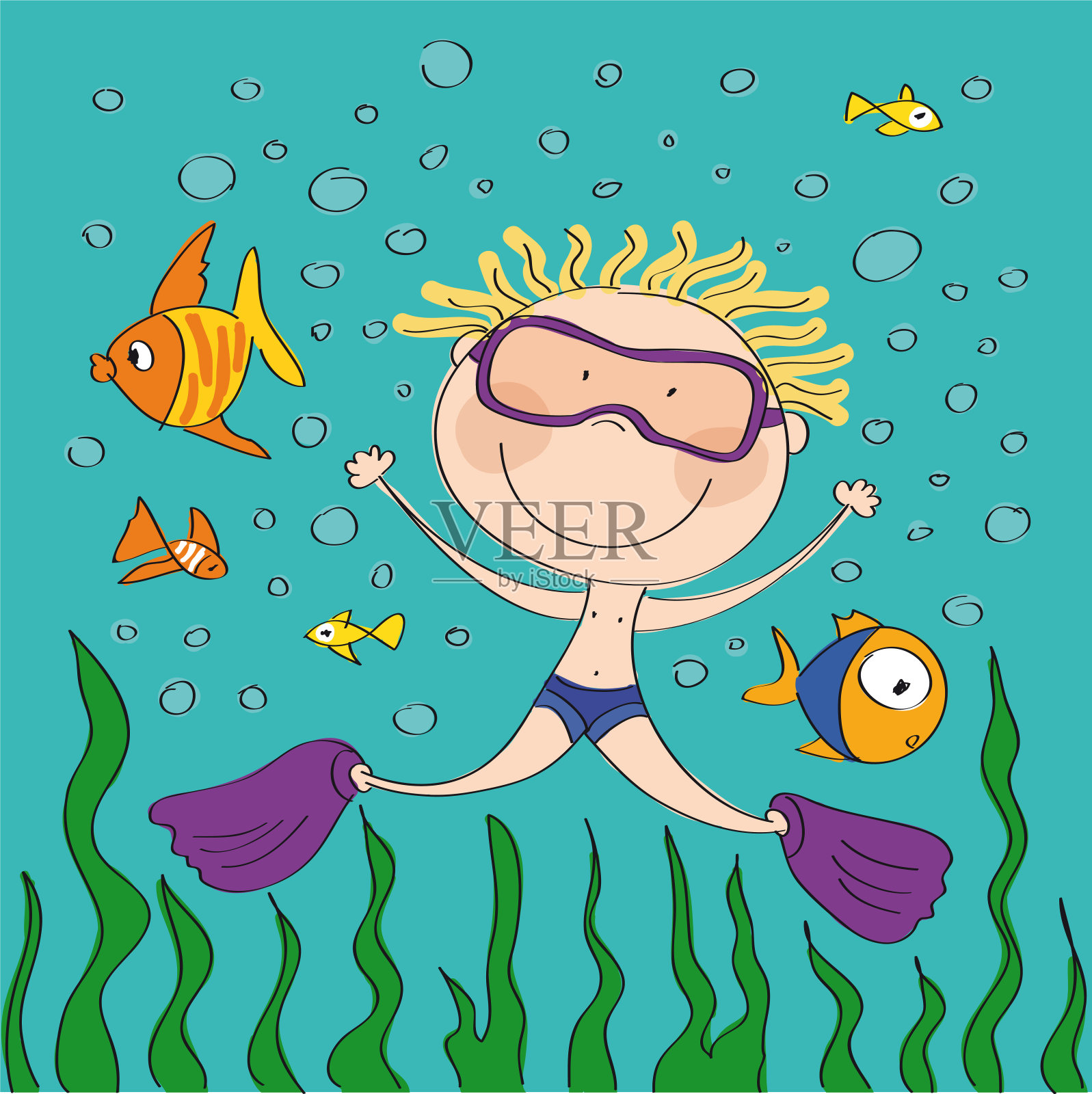 水肺潜水员-快乐的男孩在海里游泳-原始手绘插图插画图片素材