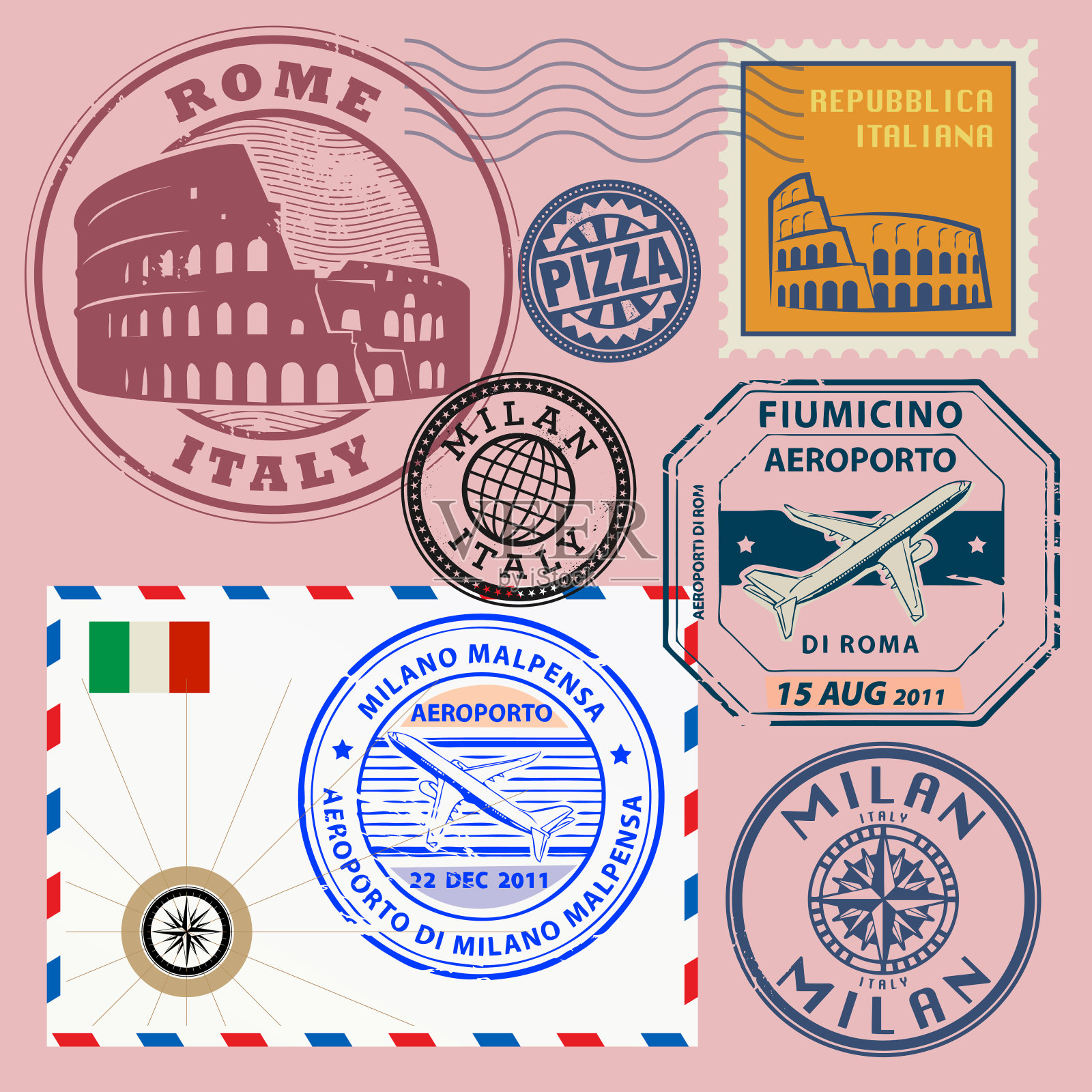旅游邮票以意大利为主题插画图片素材