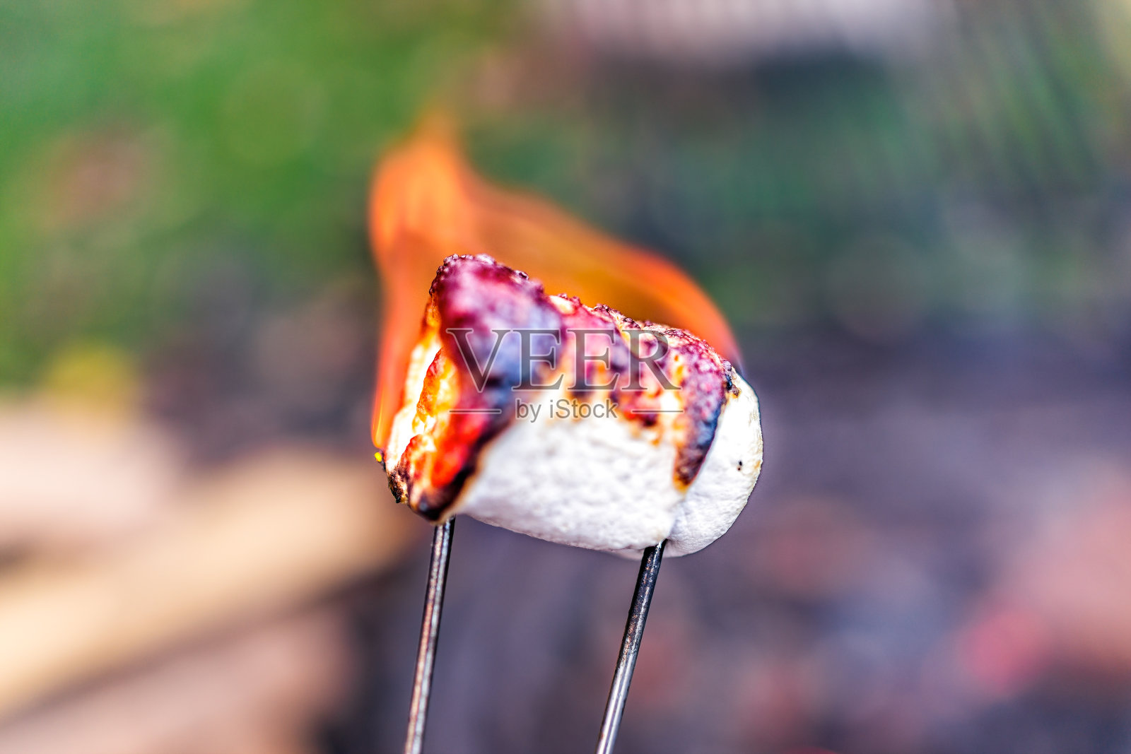 一个白色燃烧棉花糖焦糖的微距特写显示细节和纹理的营地营火烧烤在户外公园与火焰照片摄影图片