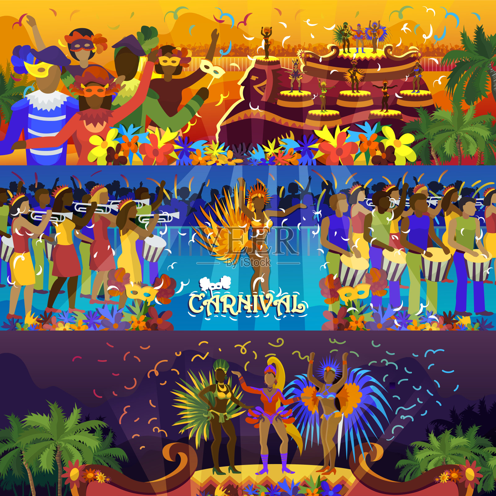 巴西狂欢节庆祝插图(巴西、狂欢节、庆祝、舞蹈、面具、桑巴舞、椰树、乐器、国旗)欧式插图_北极熊素材库