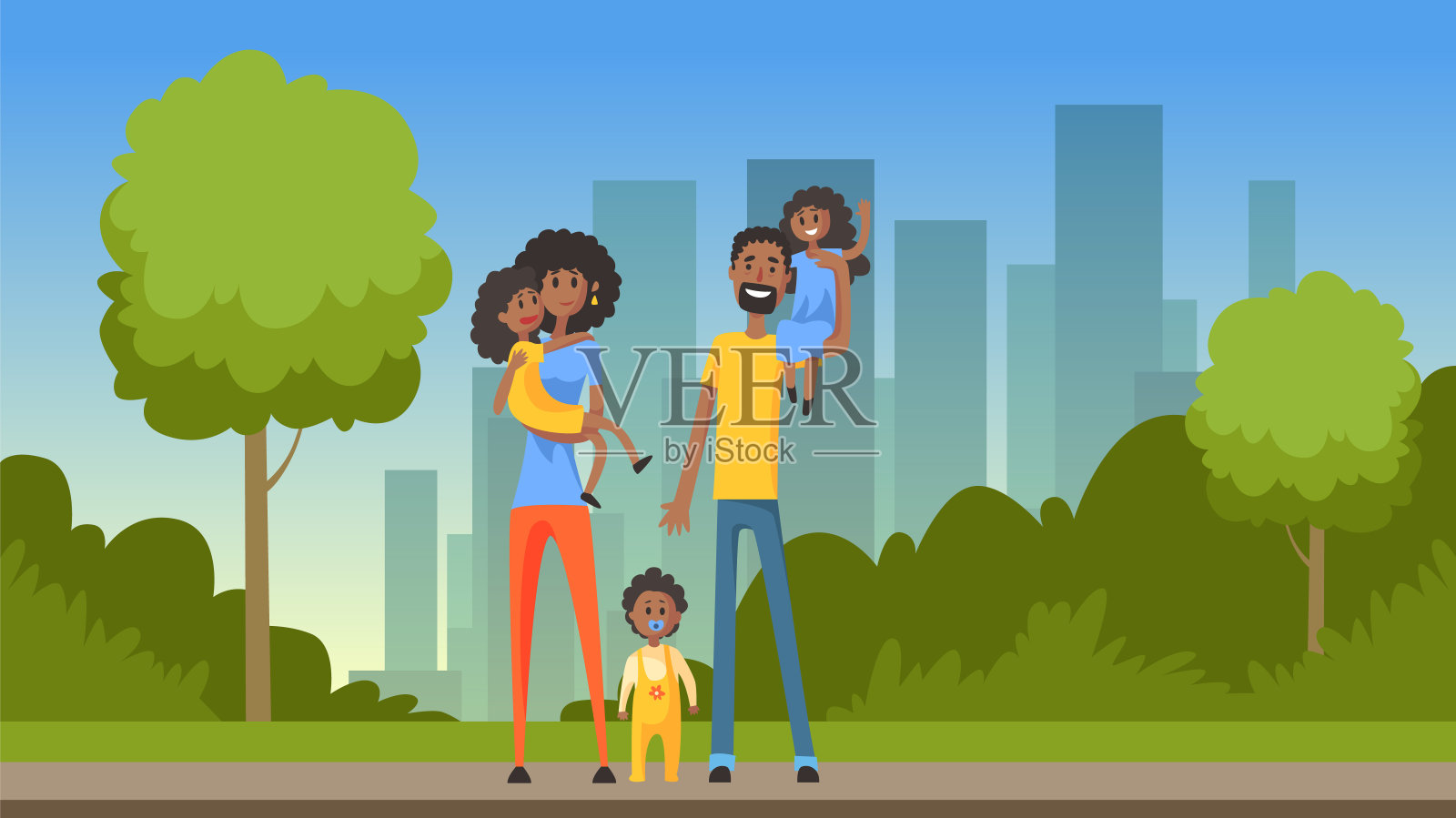 幸福的非洲家庭与许多孩子在城市背景，平面矢量插图插画图片素材