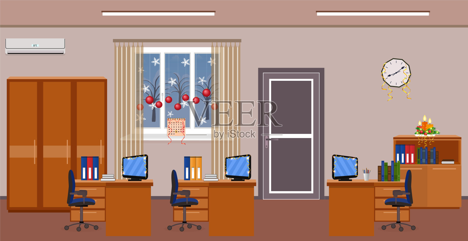 圣诞办公室室内装饰。假日设计的工作空间与冬季景观窗外。插画图片素材