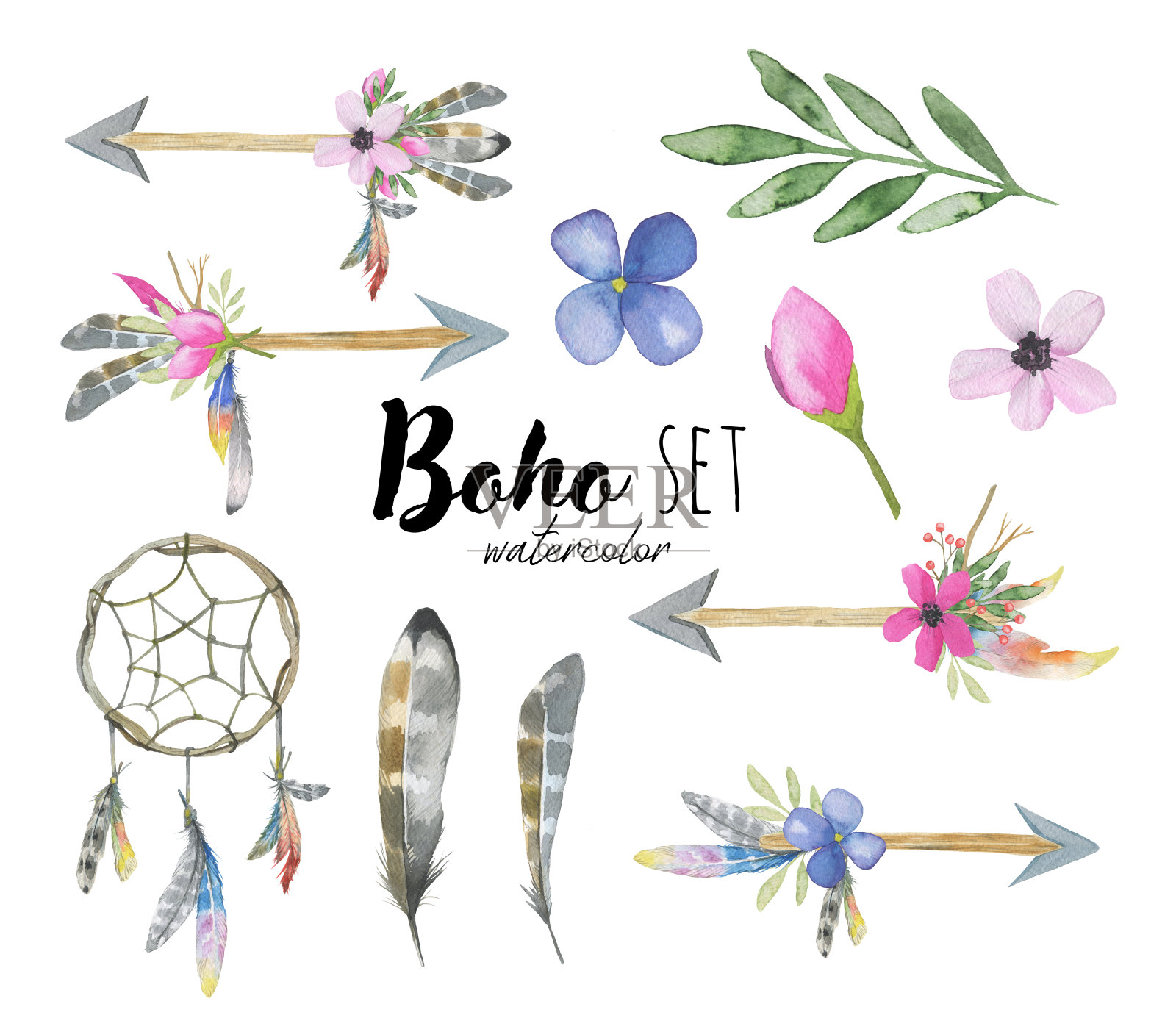 水彩集捕梦网，花，羽毛和箭孤立在白色背景插画图片素材