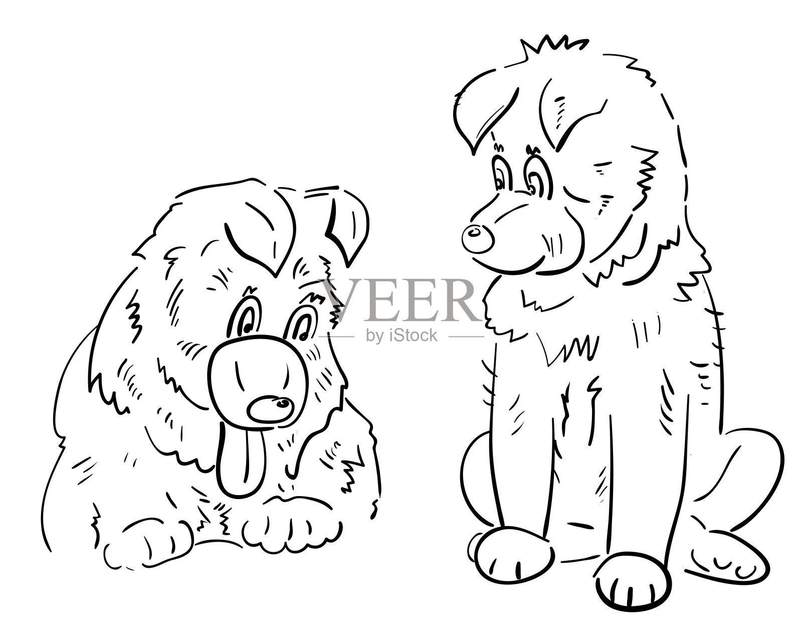 两只年轻的白种牧羊犬，有趣，可爱的小狗，东方新年的象征。手绘草图，线条艺术，白色背景上的轮廓，矢量插图插画图片素材