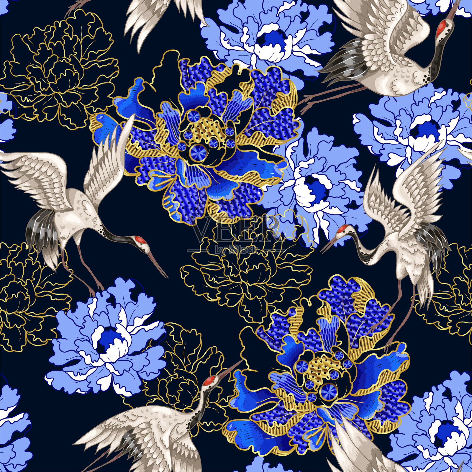 日本白鹤牡丹无缝图案，绣亮片插画图片素材
