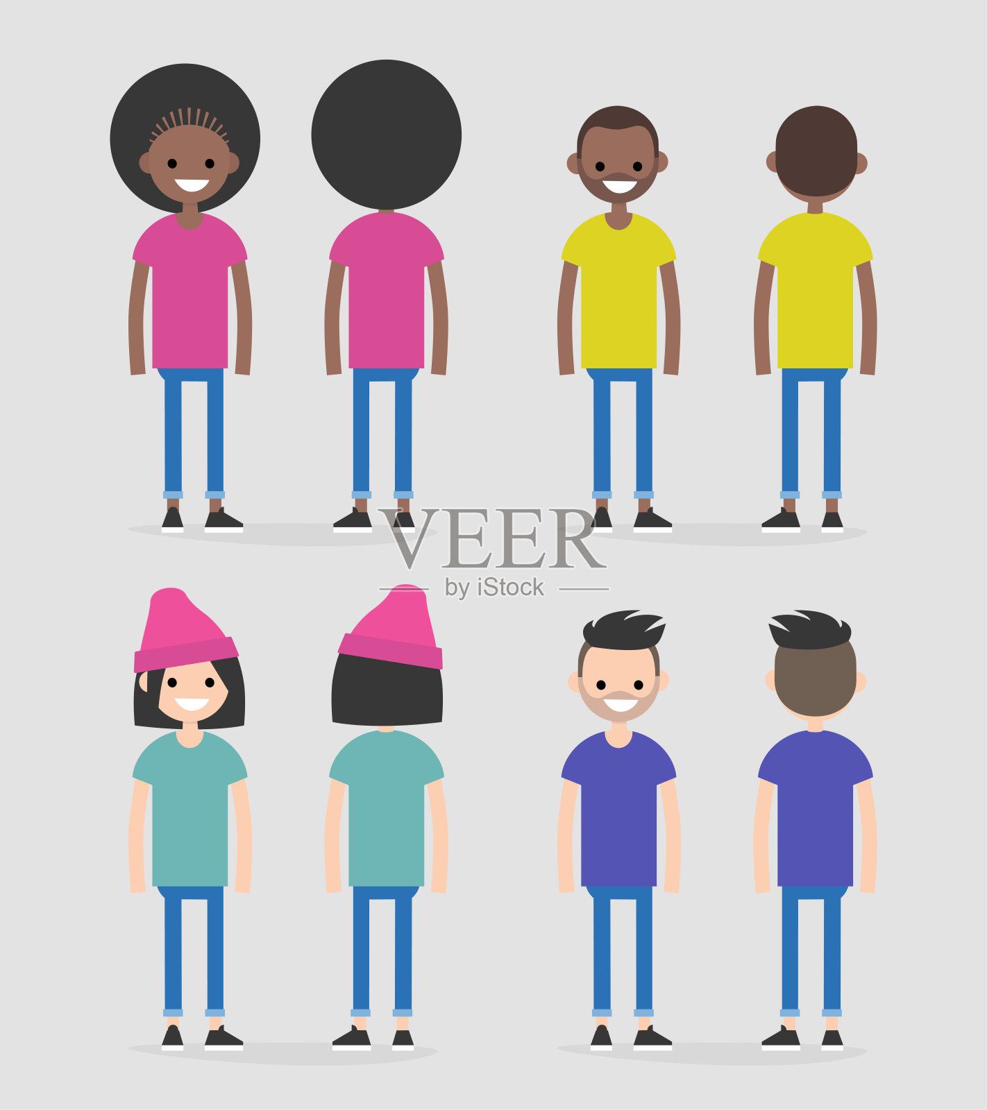 一套四字，前后视图。非裔美国人和白人男女。平面可编辑矢量插图，剪辑艺术设计元素图片