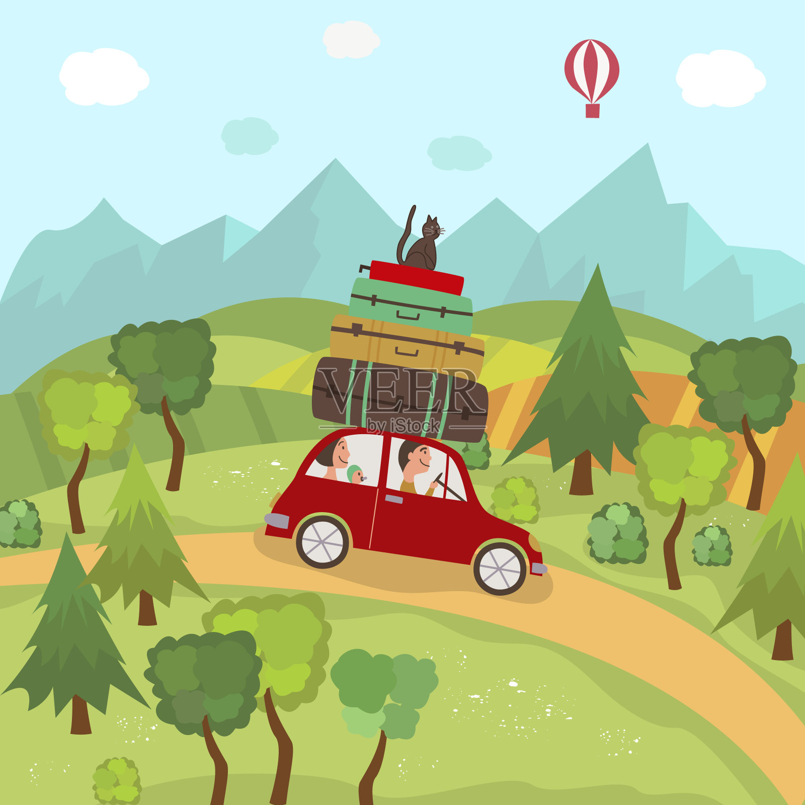 家庭汽车旅行在乡村，丘陵，山区插画图片素材