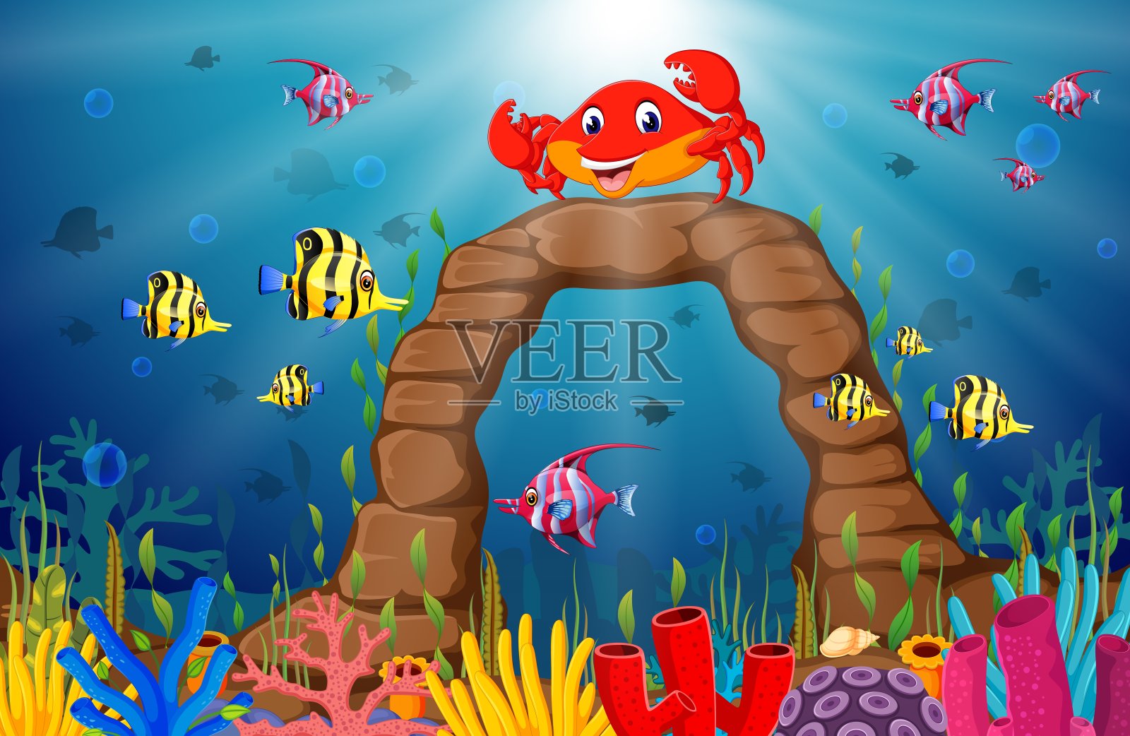 卡通热带蟹与美丽的水下世界插画图片素材
