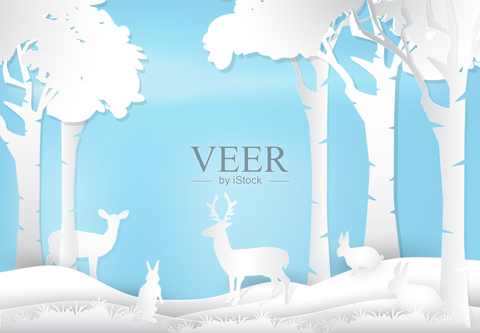 鹿和兔子站在森林里。自然景观背景纸艺术风格插画。插画图片素材
