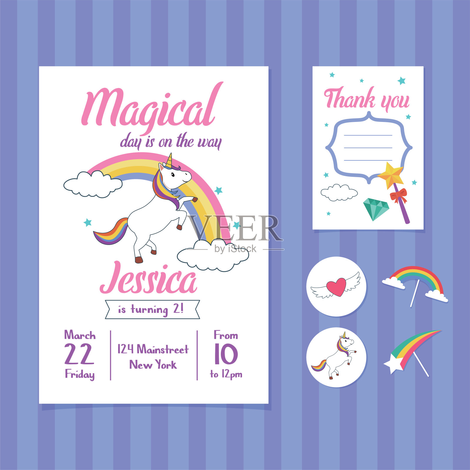 独角兽生日邀请卡模板与独角兽和彩虹插图设计模板素材