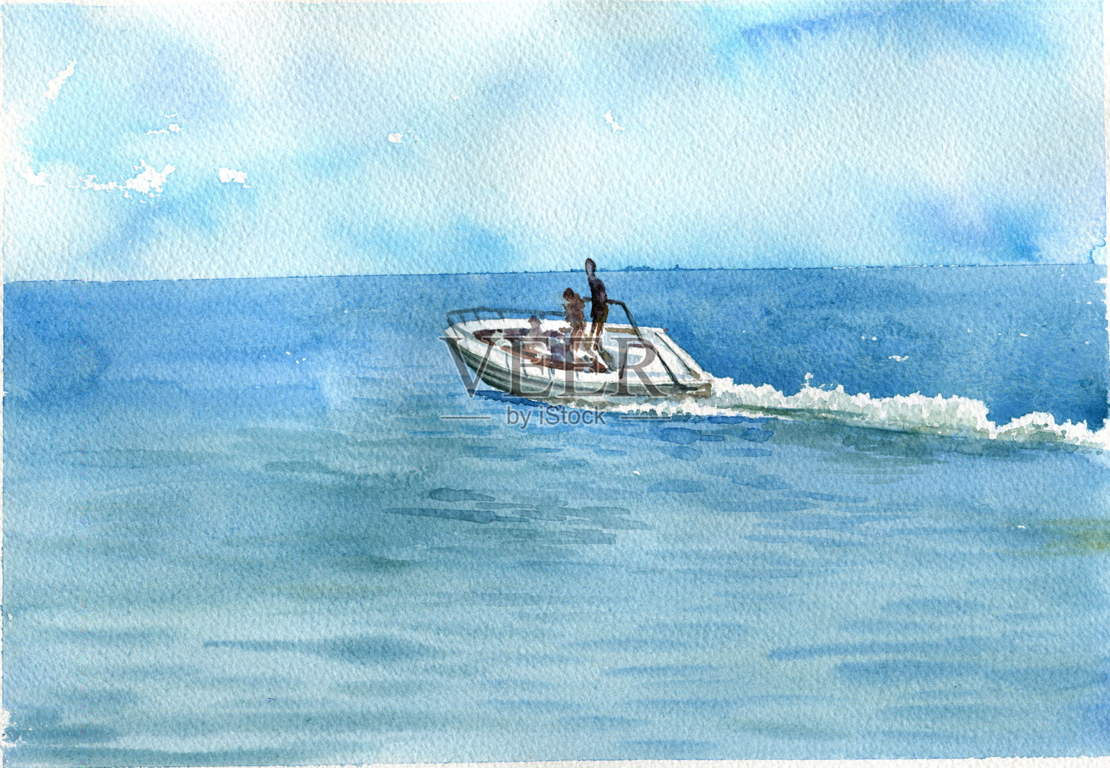 水彩画海与船插画图片素材