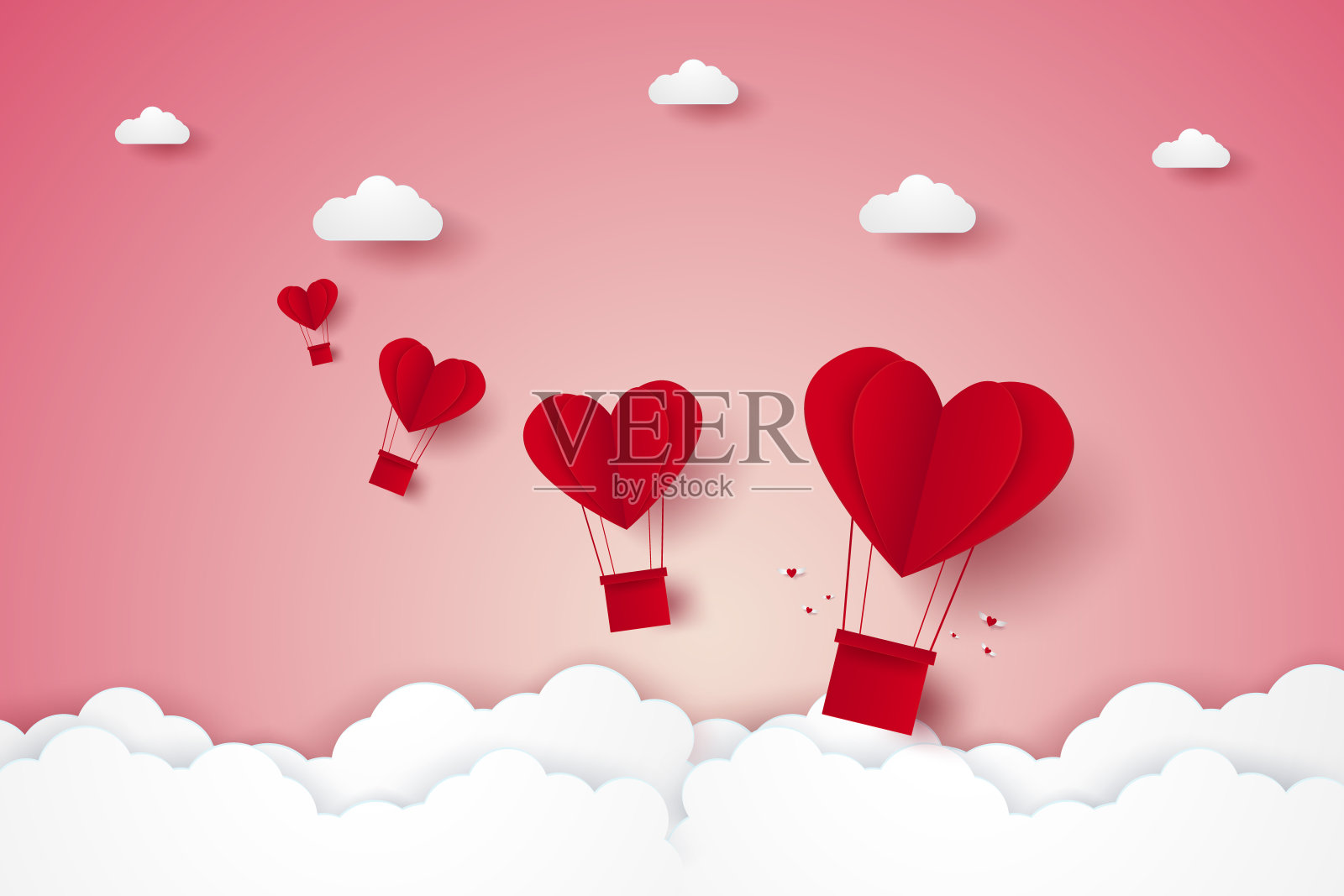 情人节，爱的插画，红心热气球在天空中飞翔，纸艺术风格插画图片素材