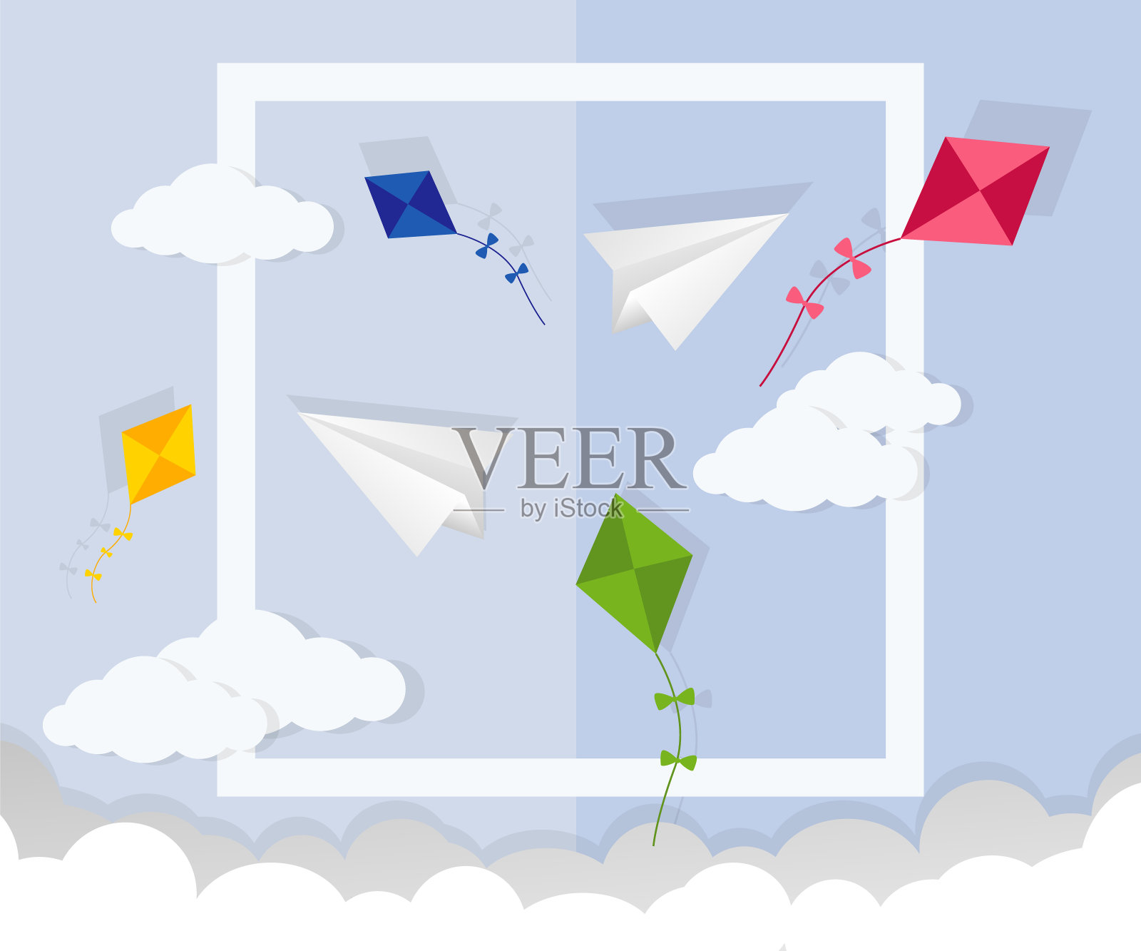纸飞机和风筝在天空。卡通平面矢量插图。对象隔离在插画图片素材