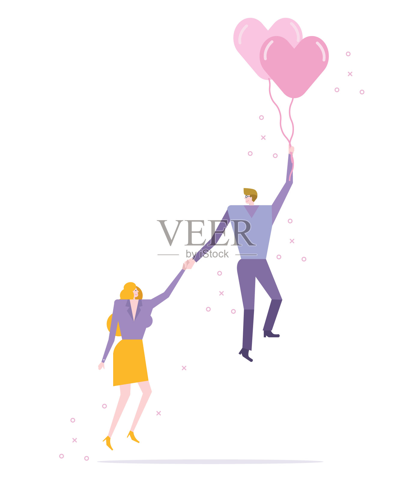 一对用气球心脏飞行的夫妇。插画图片素材