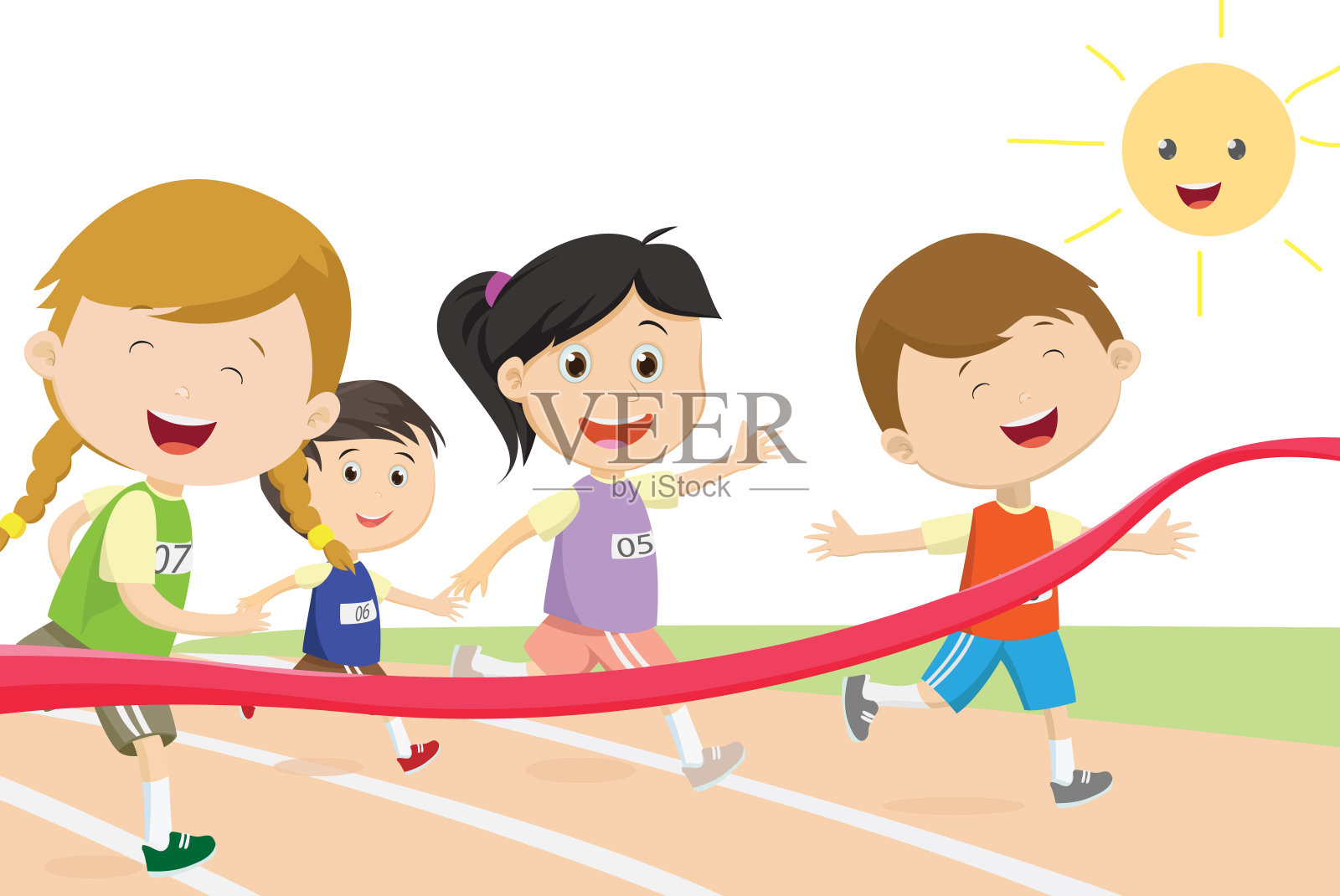 快乐的孩子们，第一个到达终点线的短跑运动员插画图片素材