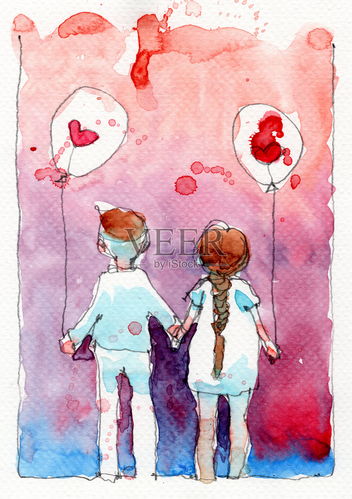 水彩画插图一套夫妇与红心气球，手绘在纸上插画图片素材