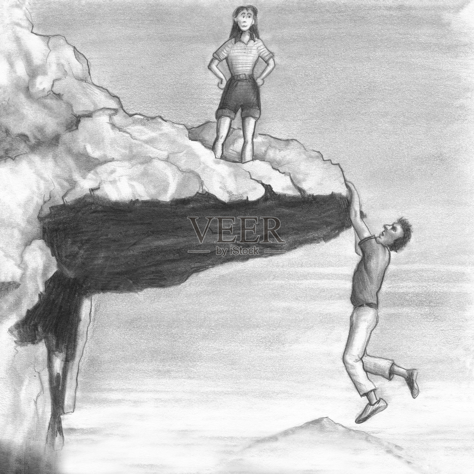 悬崖上的女人和悬崖边上的男人插画图片素材