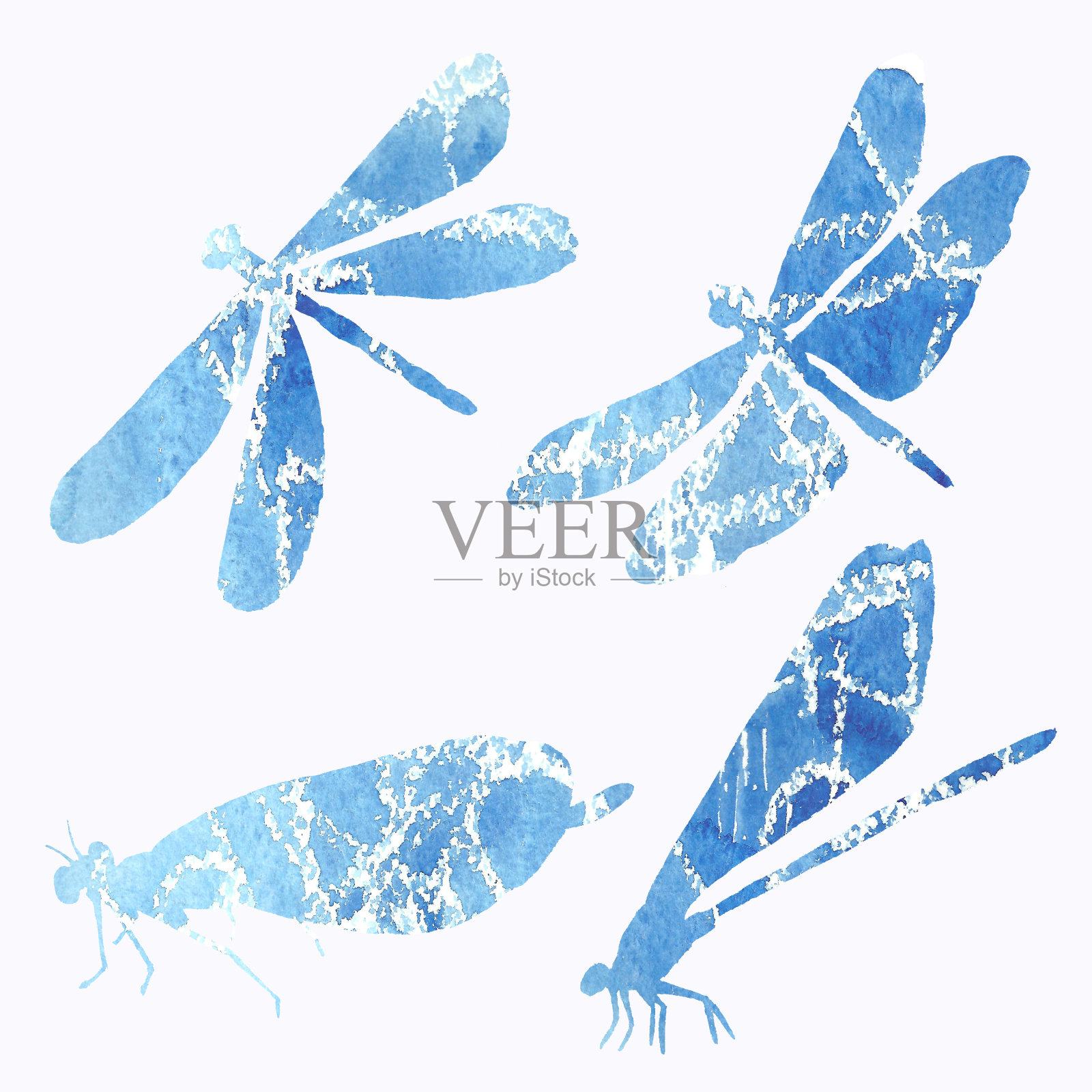 水彩画蜻蜓剪影的抽象集合插画图片素材